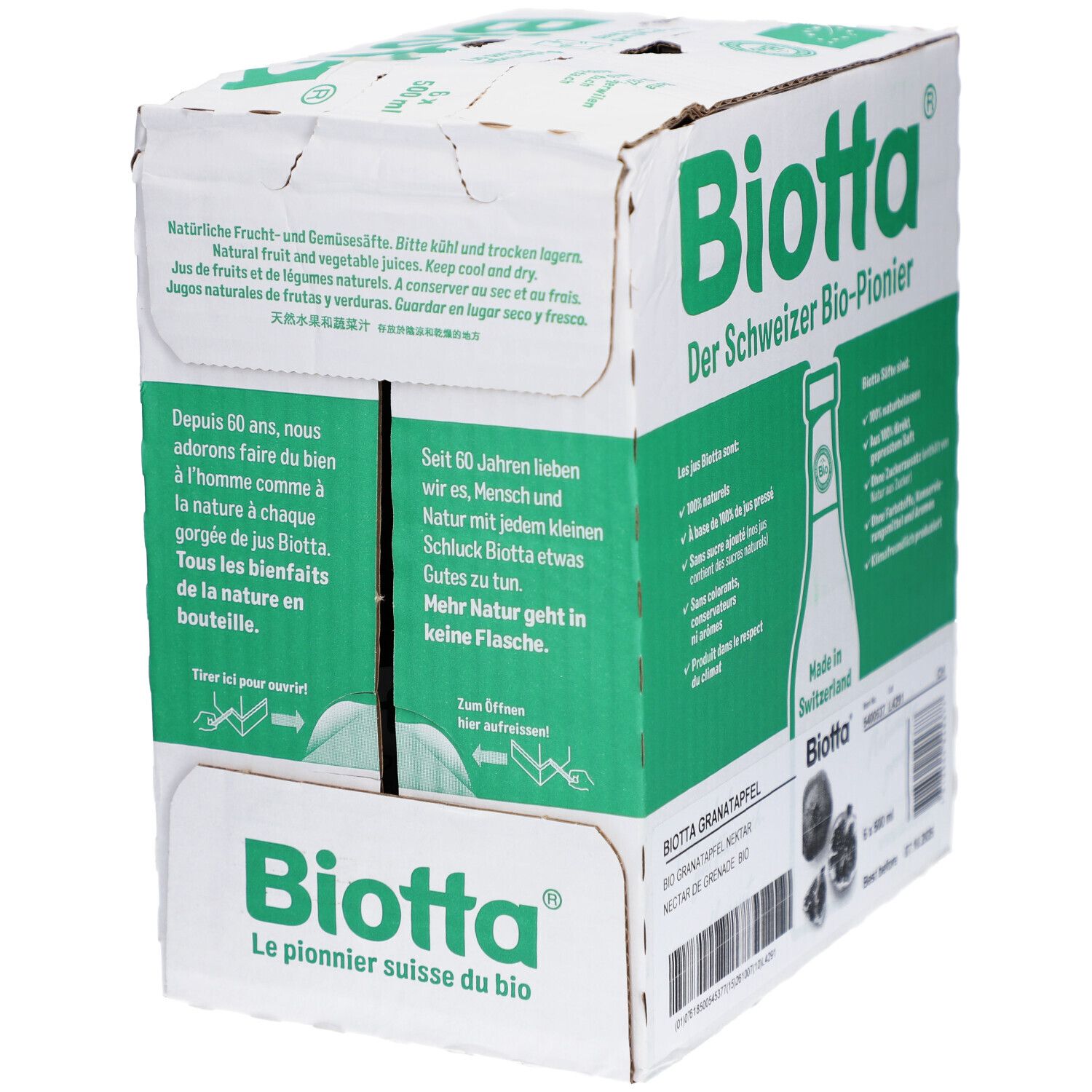 Karton BIOTTA. Text in Deutsch, Französisch, Englisch und Chinesisch. Aufdruck mit Produktinformationen und Logo.