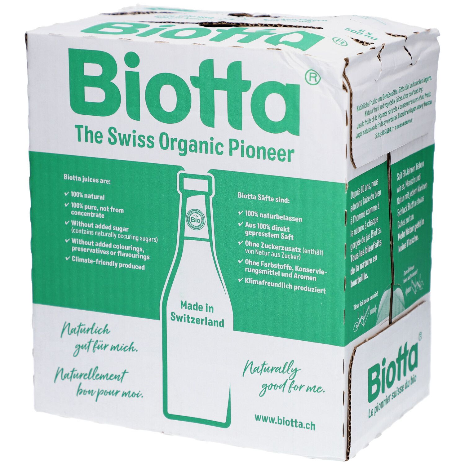 Karton BIOTTA. Text in Englisch: The Swiss Organic Pioneer. Produktinformationen und Logo. Hergestellt in der Schweiz.