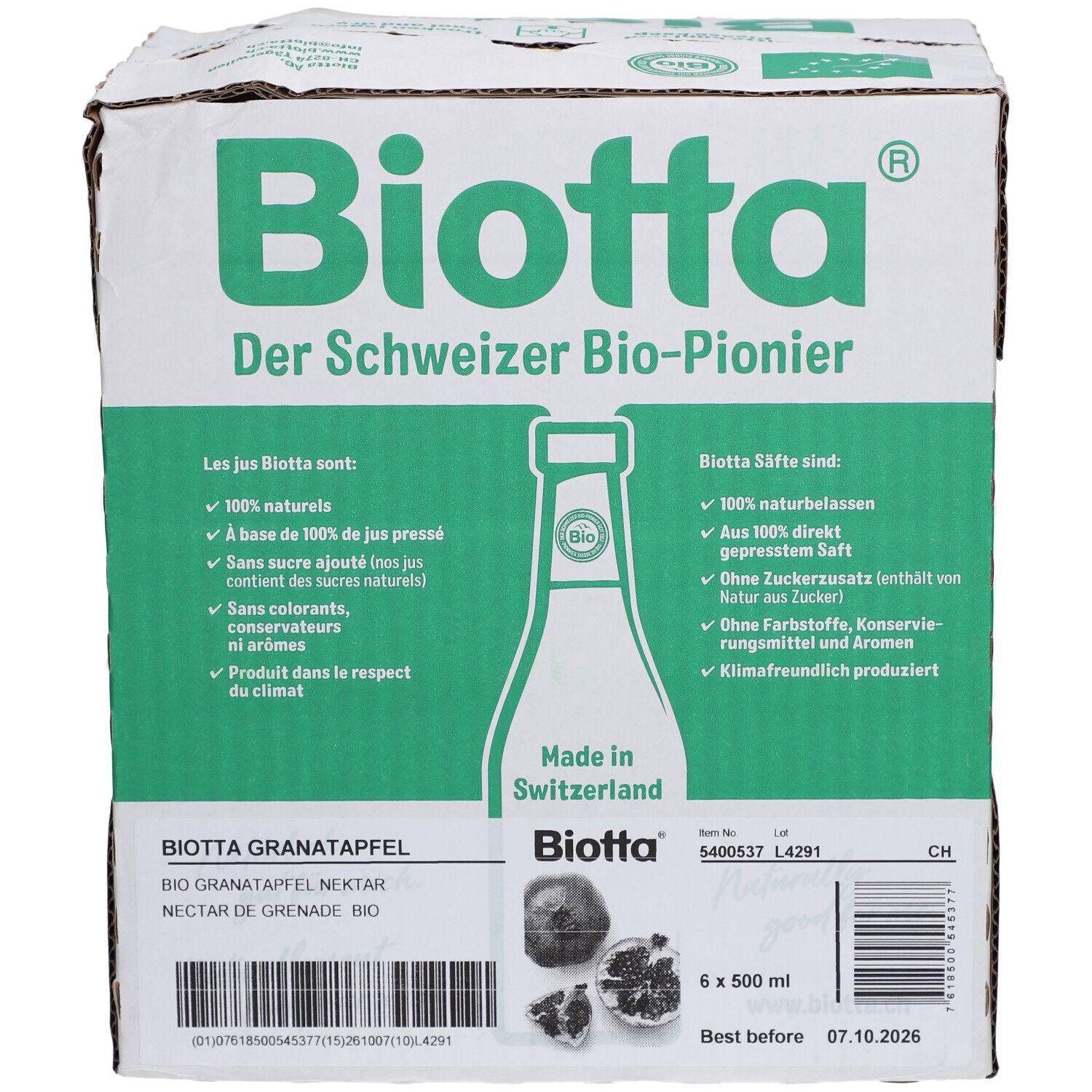 Karton BIOTTA Granatapfel Bio. 6 Flaschen, 500 ml. Produktinformationen und Logo. Haltbarkeit bis 07.10.2026.