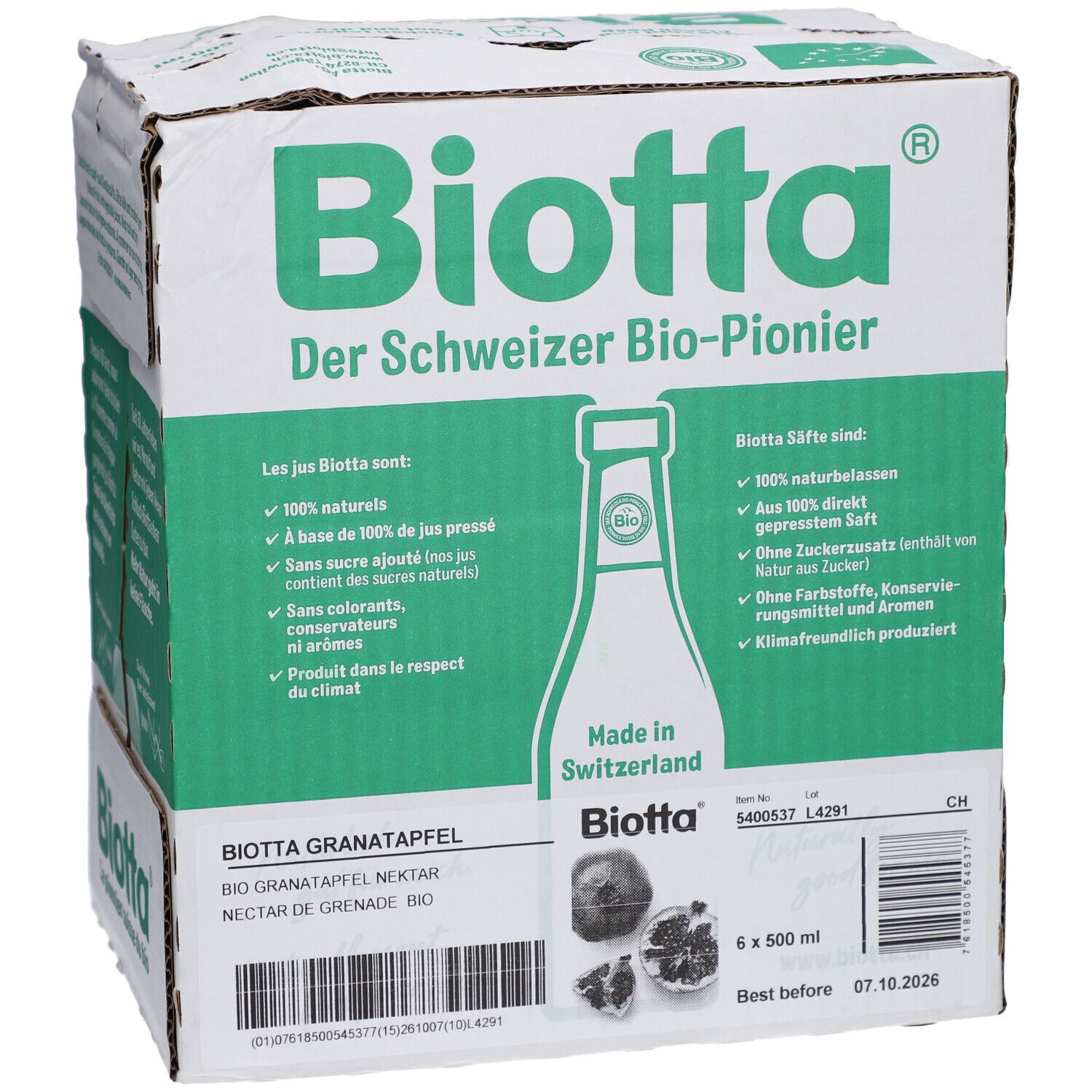 Karton BIOTTA Granatapfel Bio. 6 Flaschen, 500 ml. Produktinformationen und Logo. Haltbarkeit bis 07.10.2026.