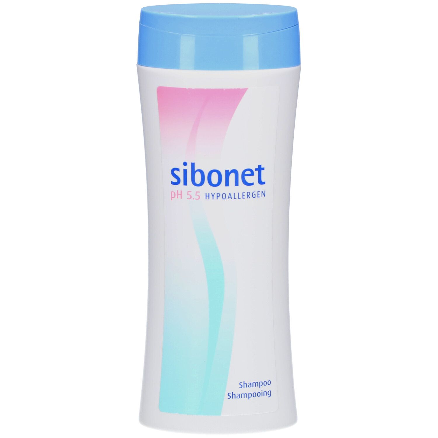 Flacon blanc et bleu. Inscription: sibonet pH 5.5 hypoallergénique. Graphique rose et bleu. Shampooing.