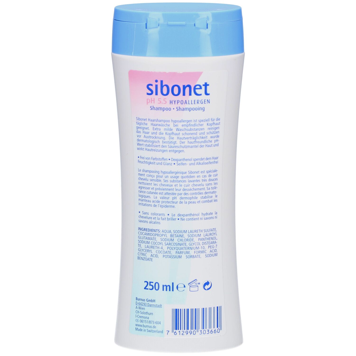 Dos du flacon. Inscription: sibonet pH 5.5 hypoallergénique. Texte multilingue. 250 ml.