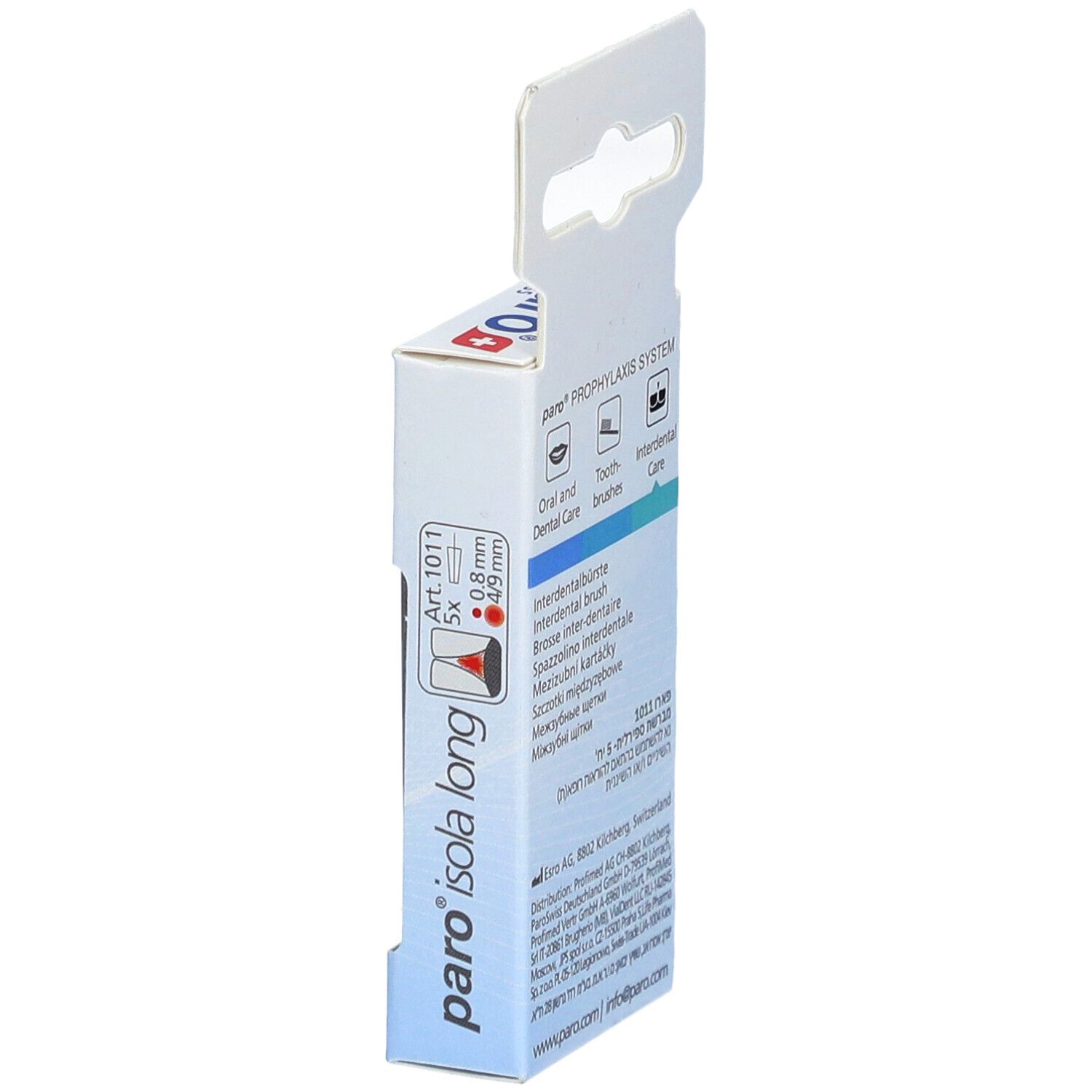 Vue latérale du paquet paro® Isola Long. Informations produit et dimensions: 0,8mm/4-9mm.