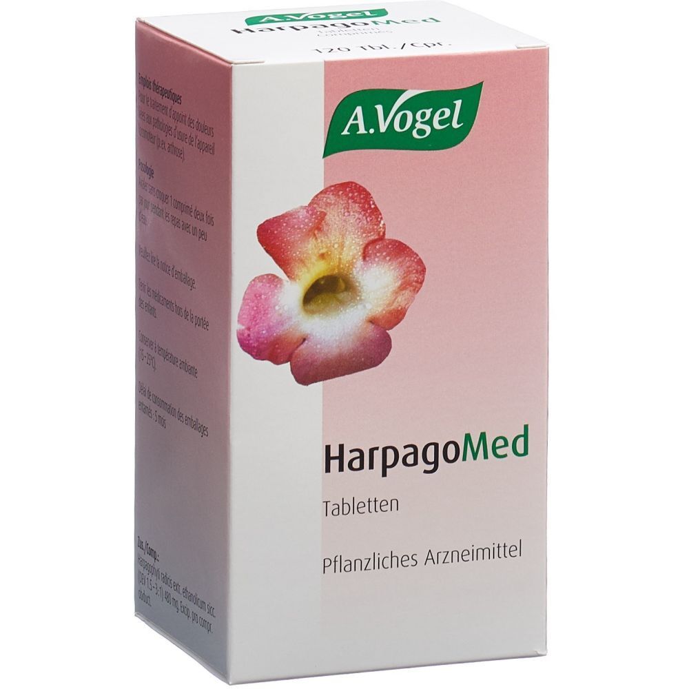 Karton mit A. Vogel Harpagomed Tabletten. Aufdruck: Harpagomed, Tabletten, Pflanzliches Arzneimittel. Abbildung einer Blüte.