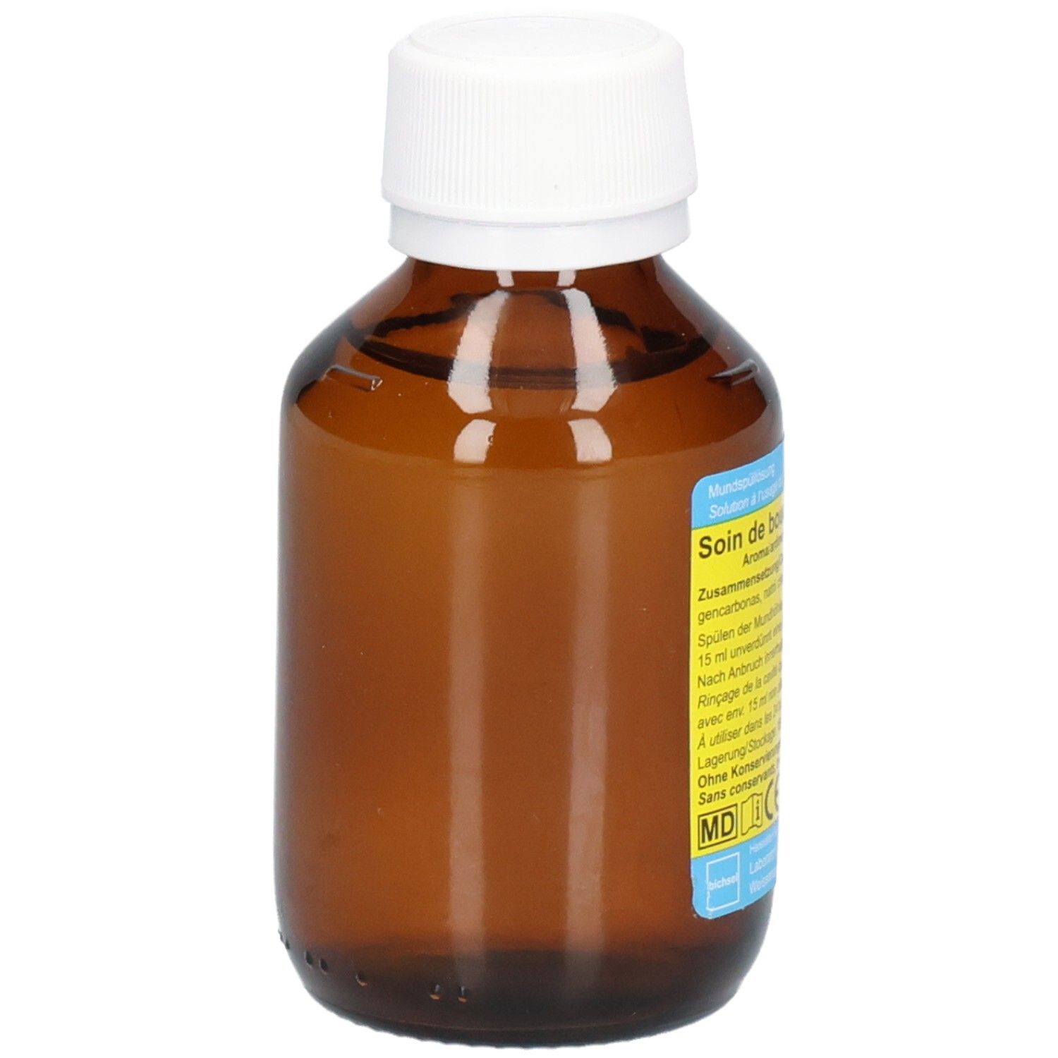 Flacon en verre brun avec bouchon blanc. Vue latérale avec étiquette. Informations sur le produit.