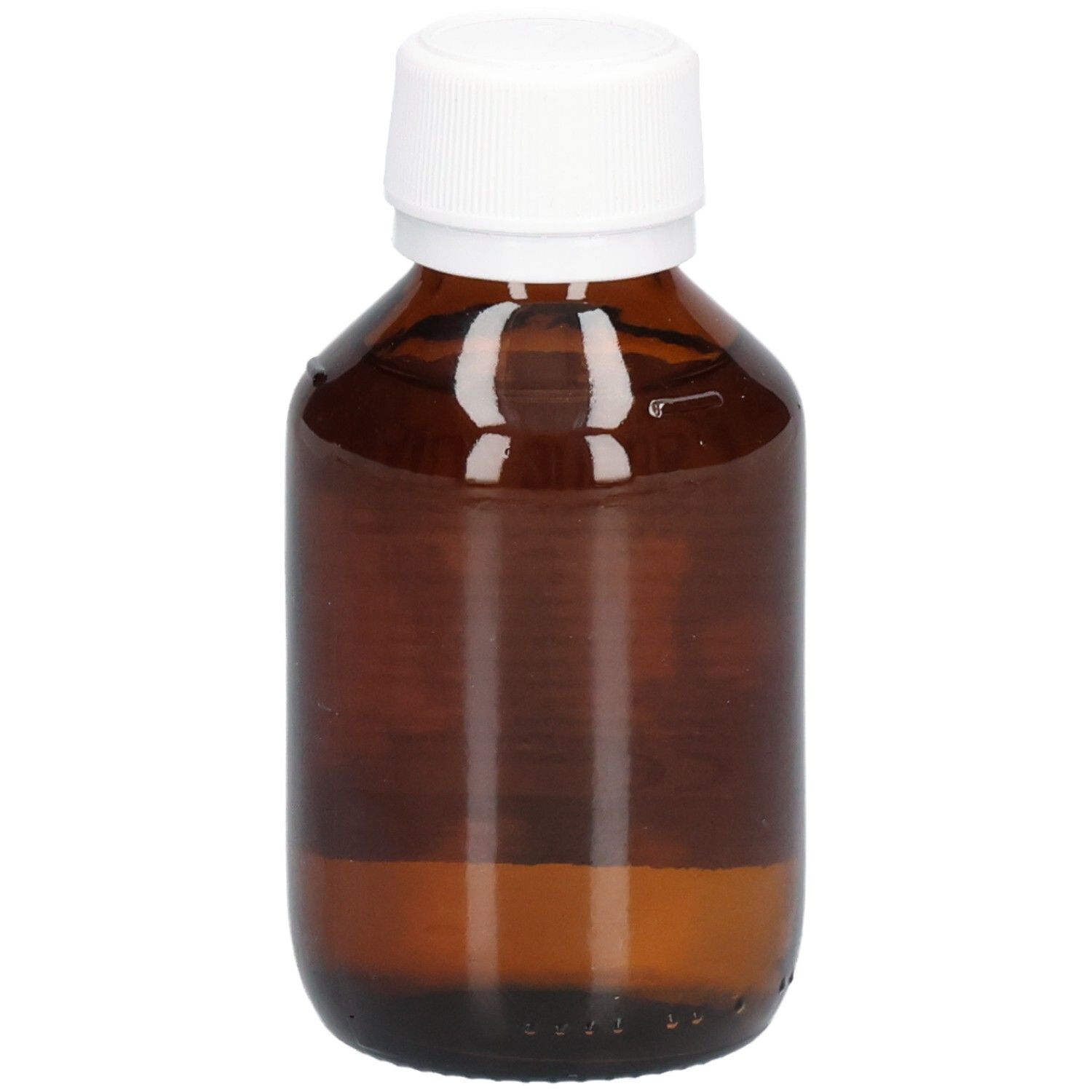 Flacon en verre brun avec bouchon blanc. Gros plan. Aucun autre détail.