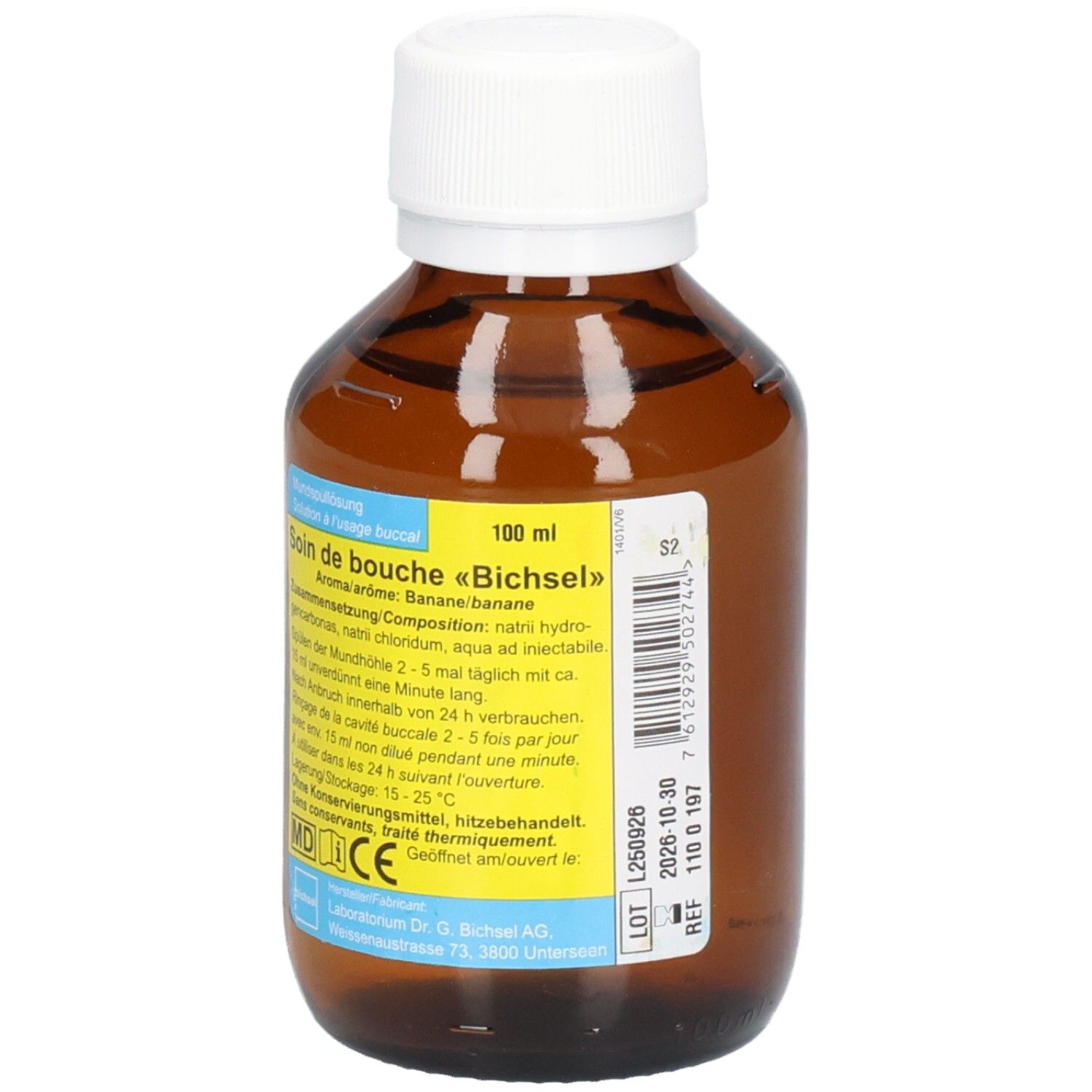 Flacon en verre brun avec bouchon blanc. Étiquette jaune avec texte. Nom du produit et informations.