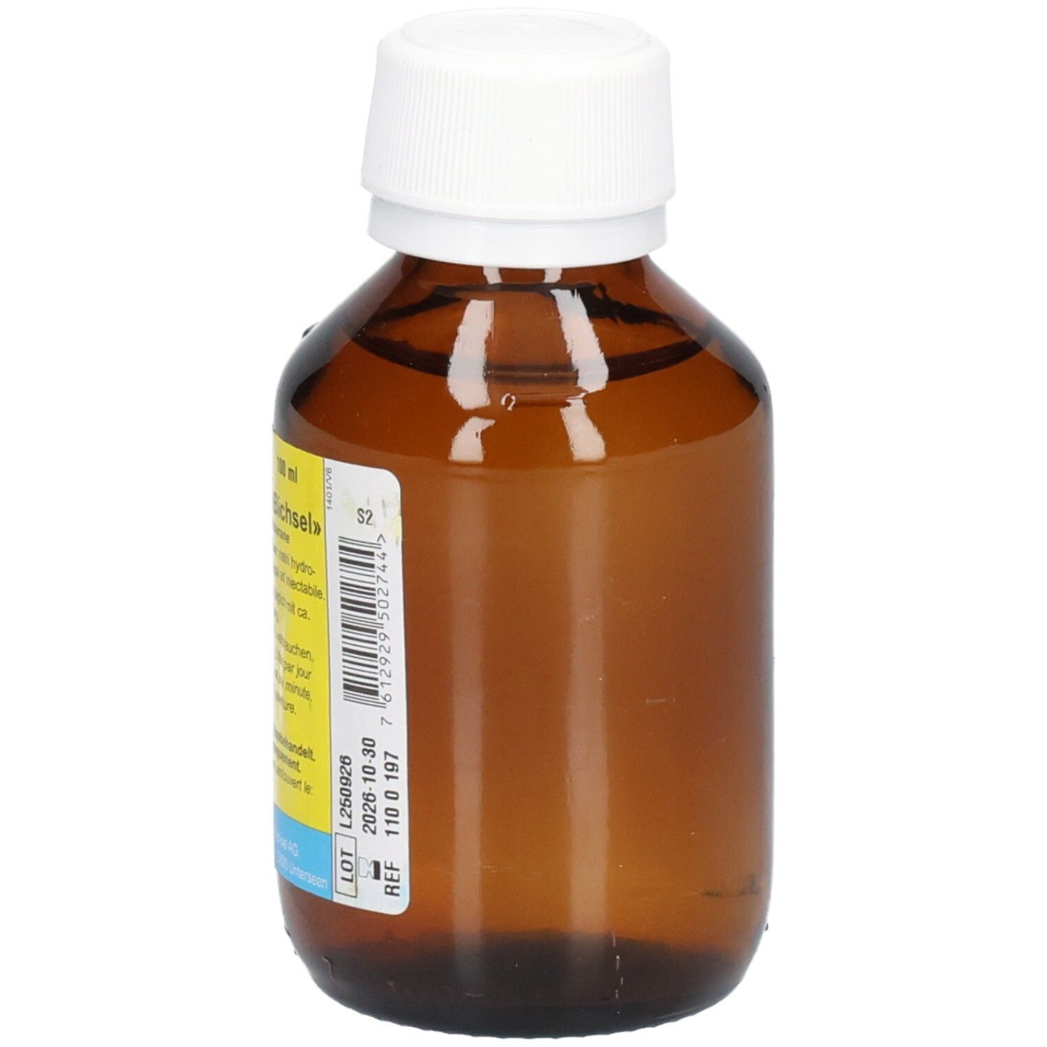 Flacon en verre brun avec bouchon blanc. Vue latérale avec étiquette. Informations sur le produit.