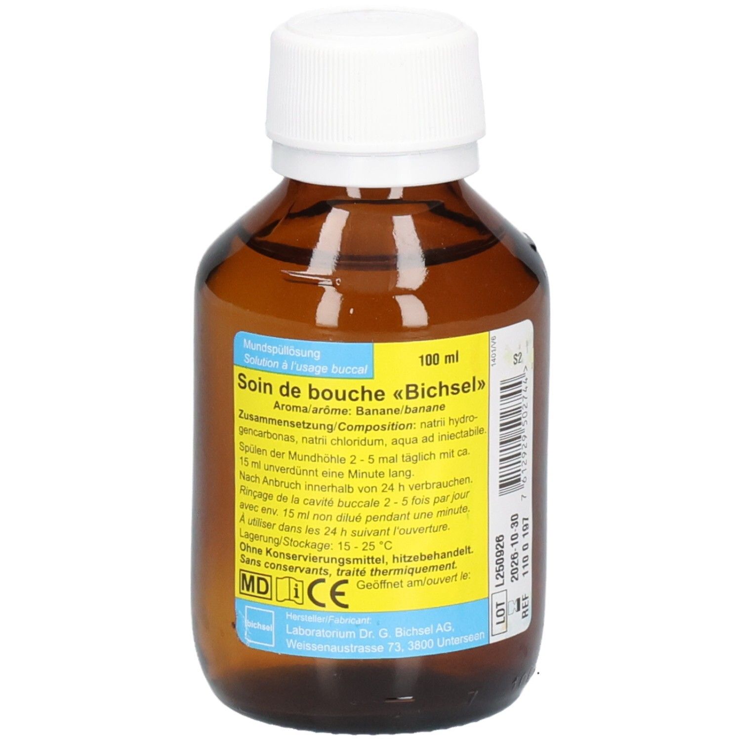 Flacon en verre brun avec bouchon blanc. Étiquette jaune avec texte. Nom du produit et informations.