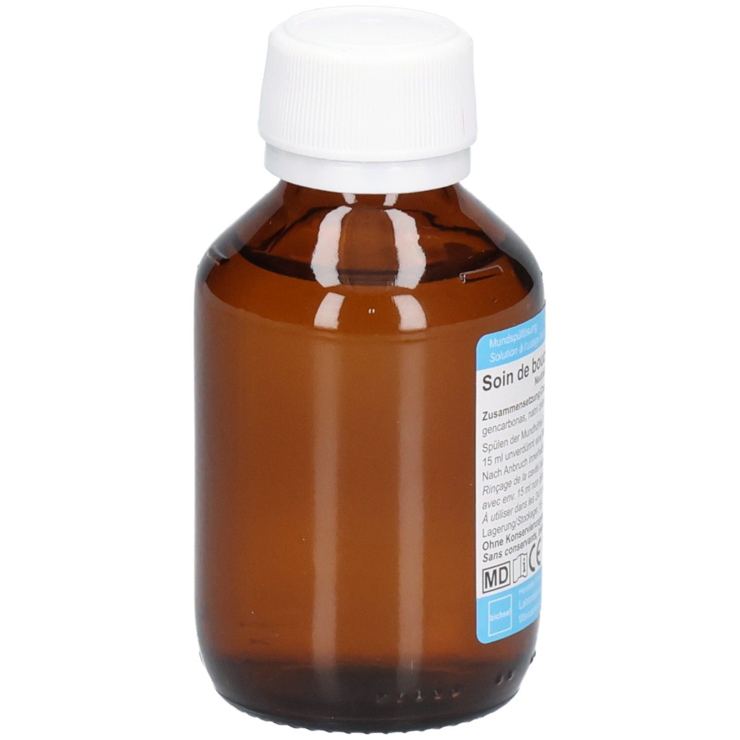 Flacon en verre brun avec bouchon blanc. Étiquette avec informations produit. Vue arrière.