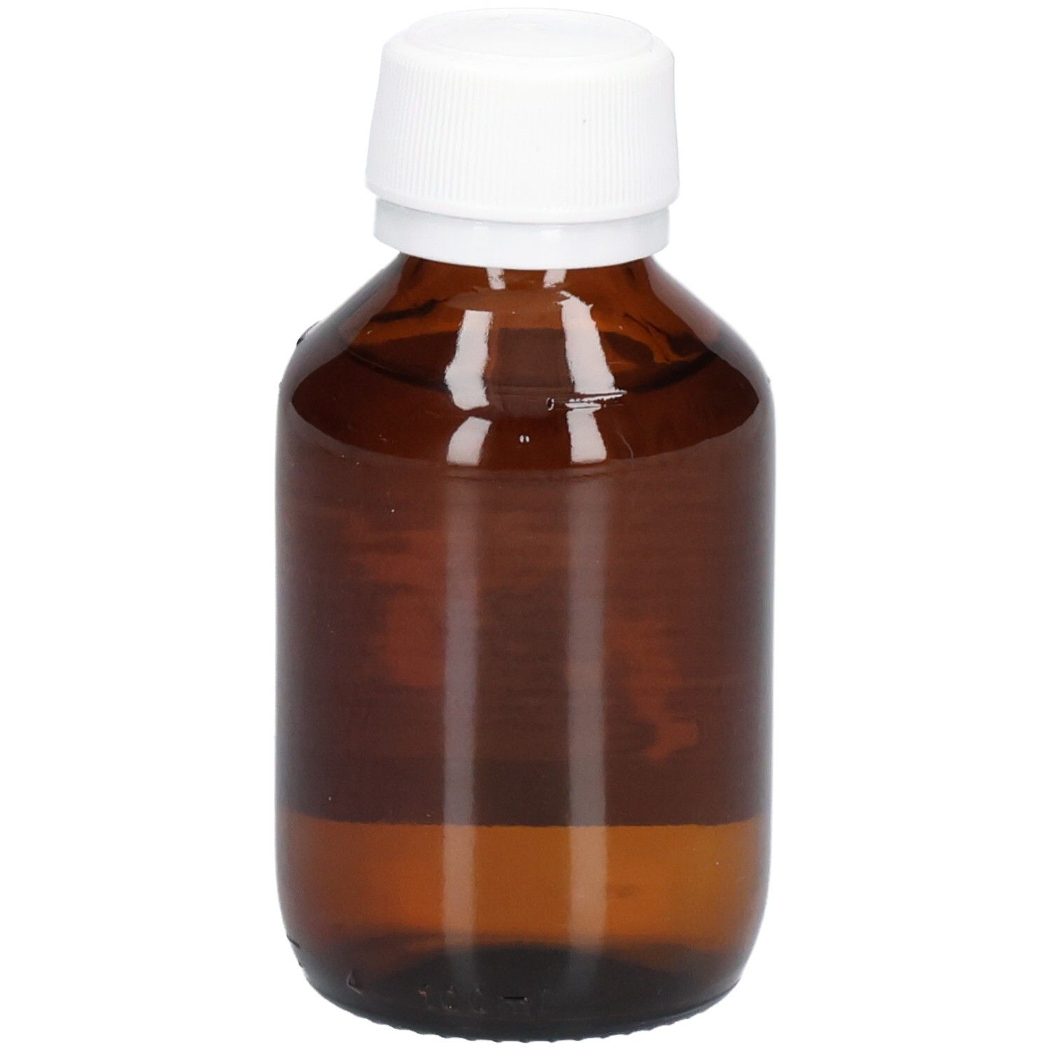 Flacon en verre brun avec bouchon blanc. Vue du produit.