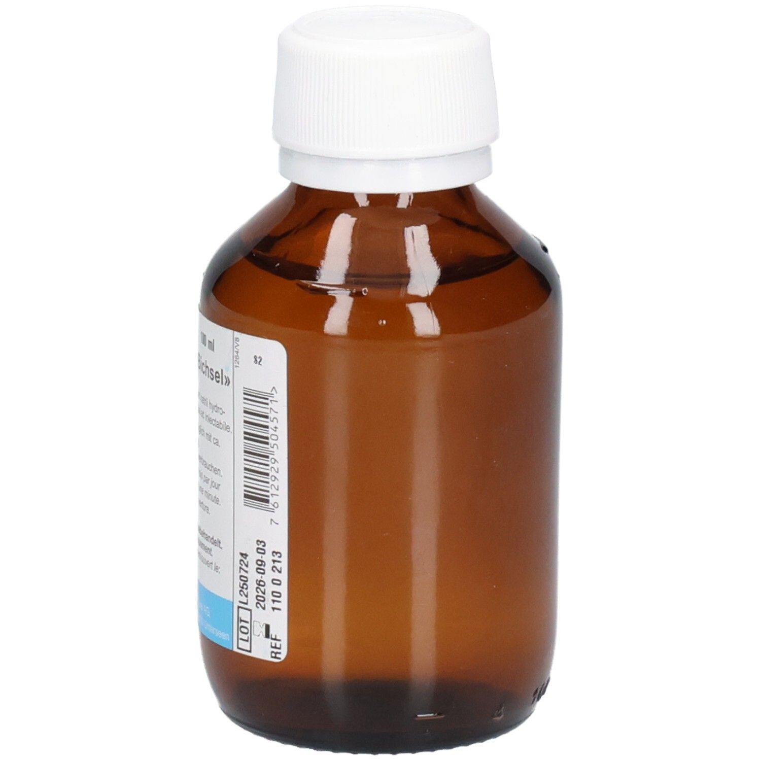 Flacon en verre brun avec bouchon blanc. Étiquette avec informations produit. Vue arrière.