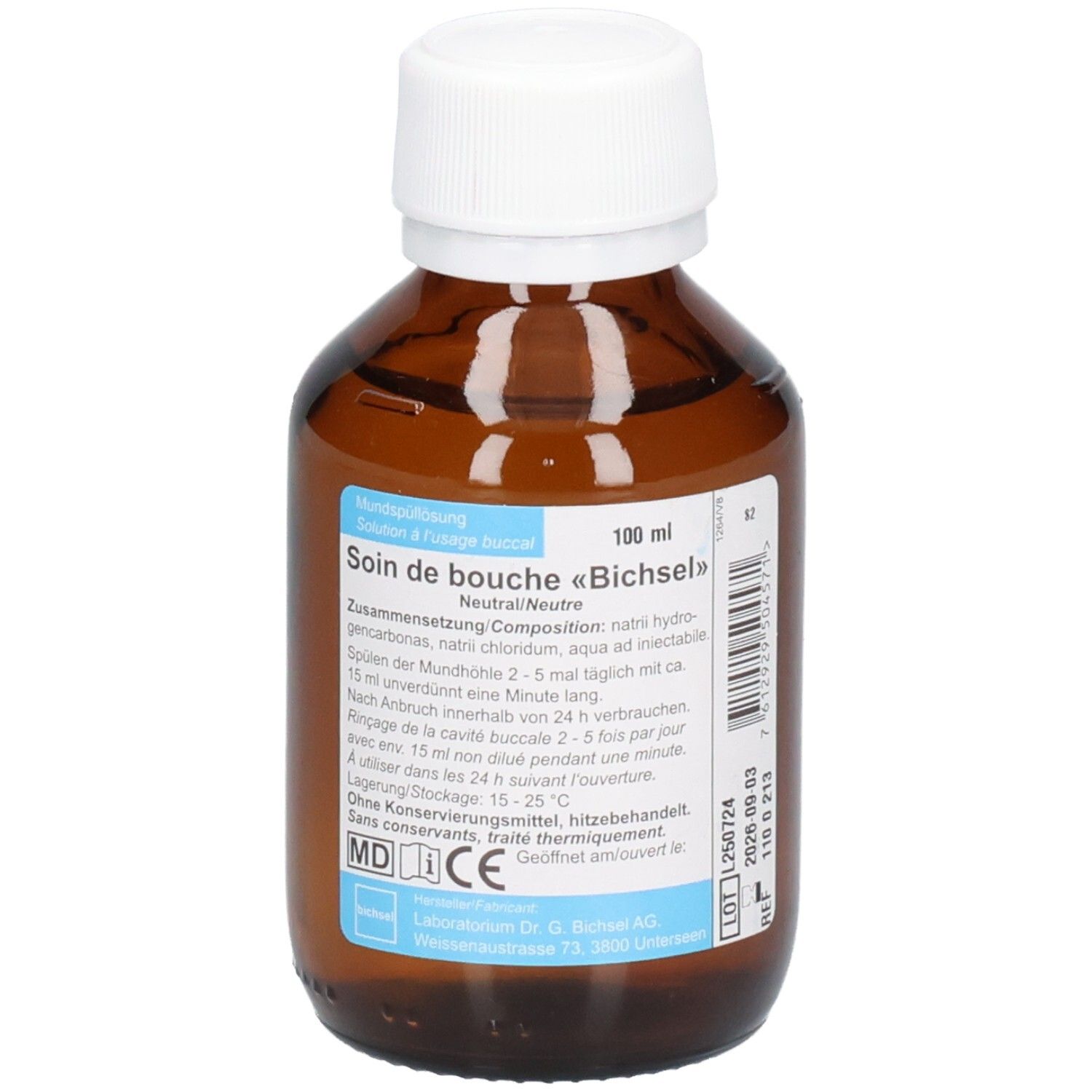 Flacon en verre brun avec bouchon blanc. Étiquette avec informations produit. Inscription: Soin de bouche «Bichsel».