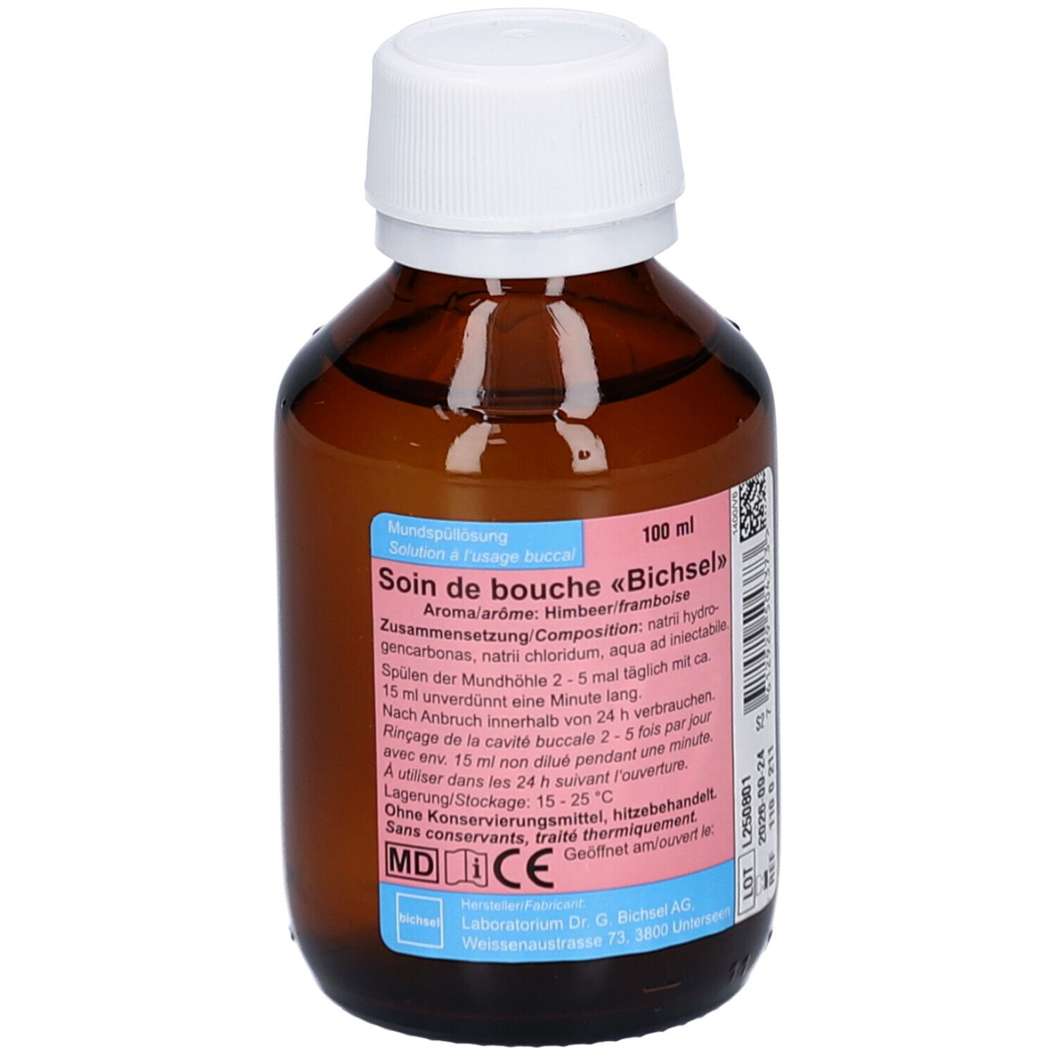 Braune Glasflasche mit weißem Deckel. Etikett mit Produktinformationen. Aufschrift: Soin de bouche «Bichsel».