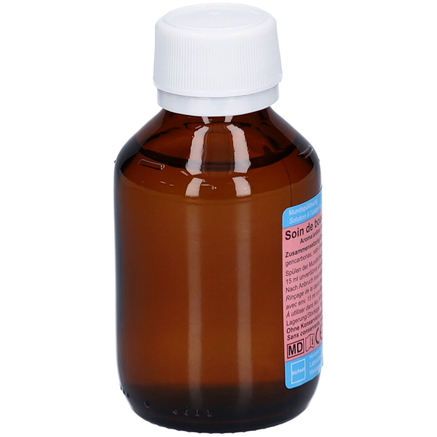 Braune Glasflasche mit weißem Deckel. Etikett mit Produktinformationen. Flasche steht aufrecht.