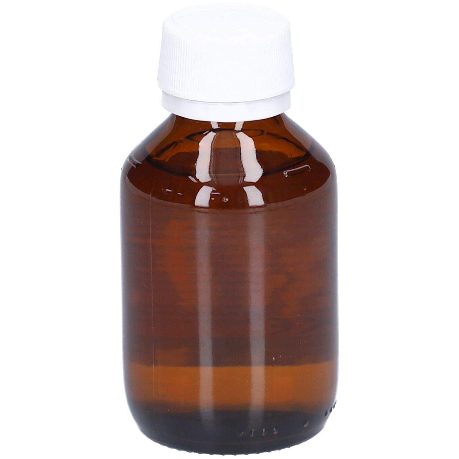 Braune Glasflasche mit weißem Deckel. Flasche steht aufrecht.