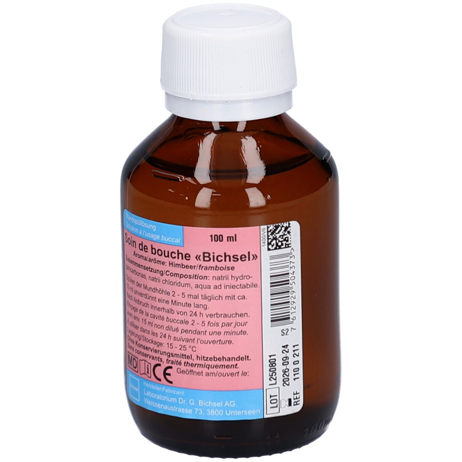 Braune Glasflasche mit weißem Deckel. Etikett mit Produktinformationen. Aufschrift: Soin de bouche «Bichsel».