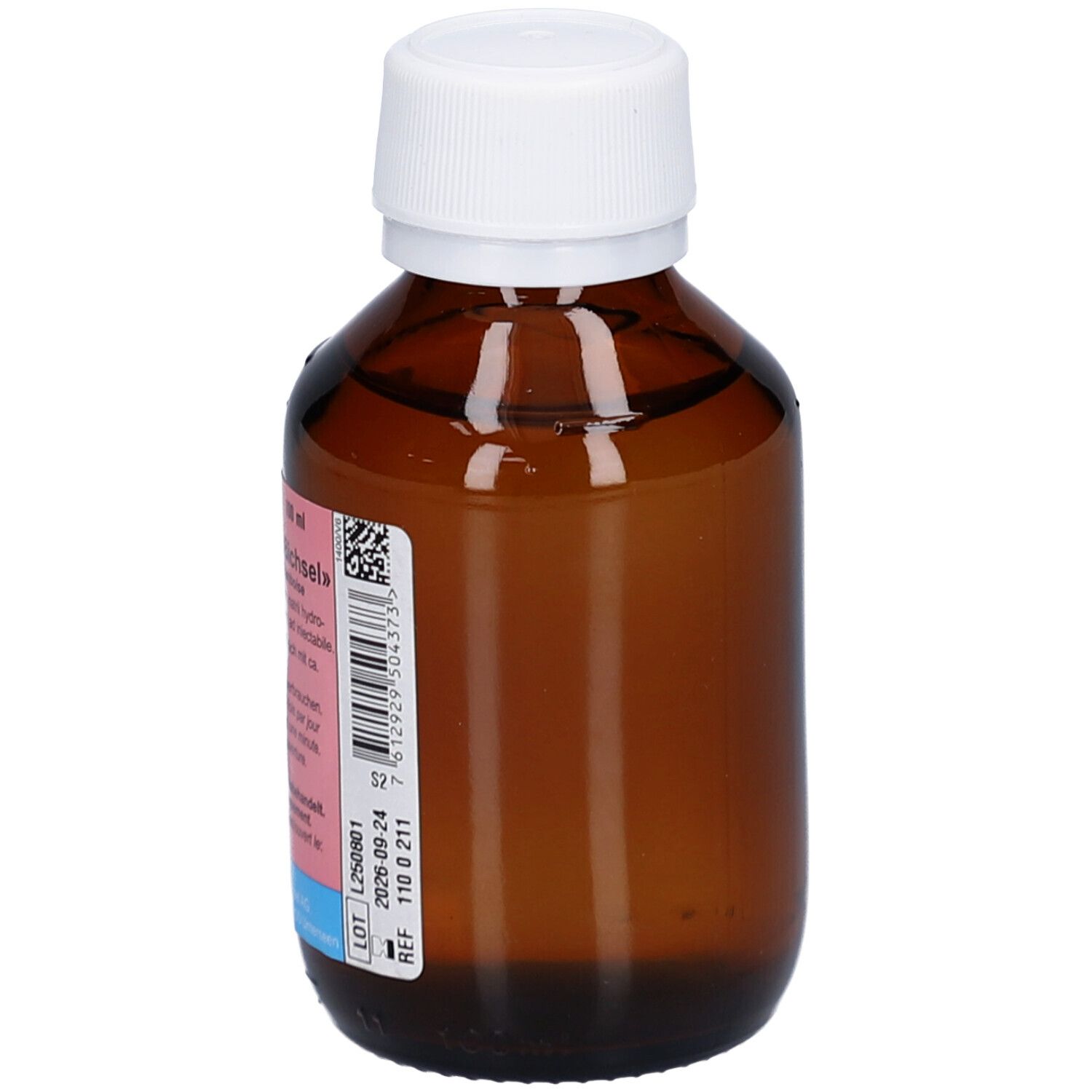 Braune Glasflasche mit weißem Deckel. Etikett mit Produktinformationen. Aufschrift: Soin de bouche «Bichsel».