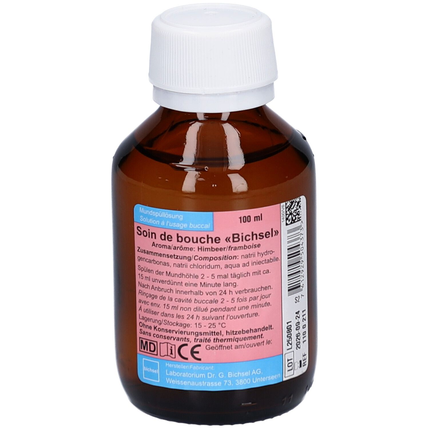 Braune Glasflasche mit weißem Deckel. Etikett mit Produktinformationen. Aufschrift: Soin de bouche «Bichsel».