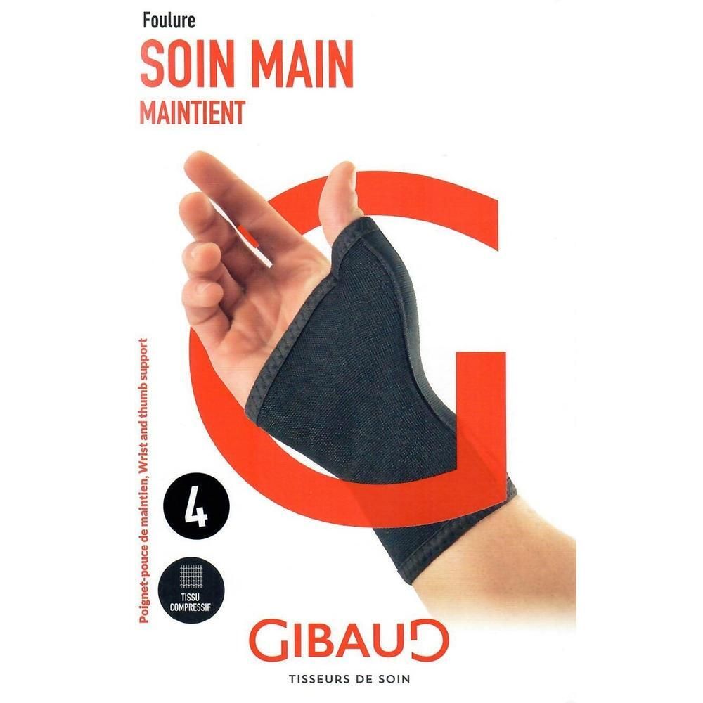 Handgelenk-Daumenhalter, dunkelgrau, am Handgelenk getragen. Marke GIBAUD. Text: SOIN MAIN MAINTIENT, Poignet-pouce de maintien, Wrist and thumb support.
