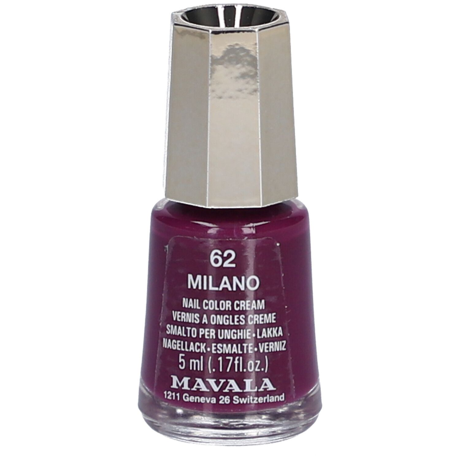 Flacon de vernis à ongles rouge foncé avec bouchon argenté. Inscription : 62 MILANO, Nail Color Cream, 5 ml, MAVALA.