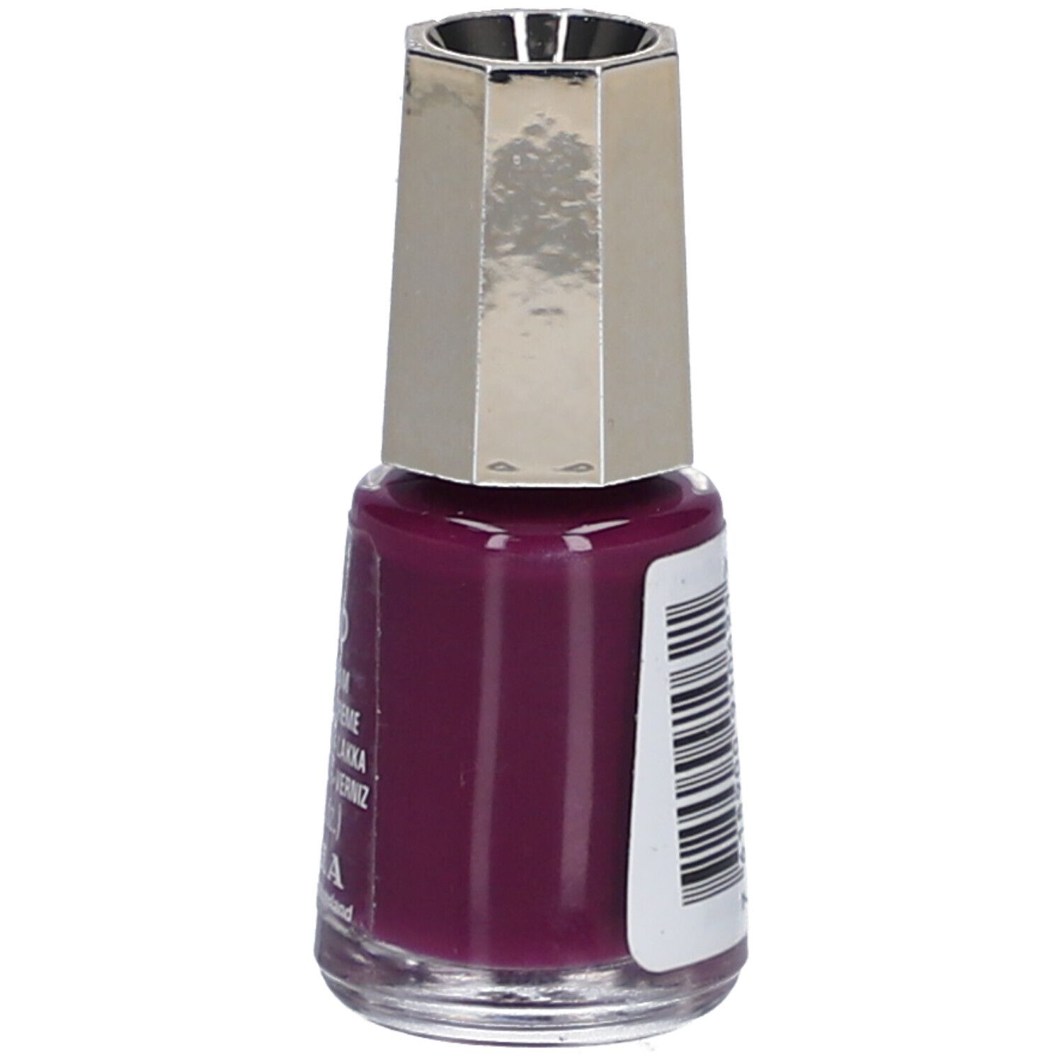 Flacon de vernis à ongles rouge foncé avec bouchon argenté. Étiquette au dos avec texte et code-barres.