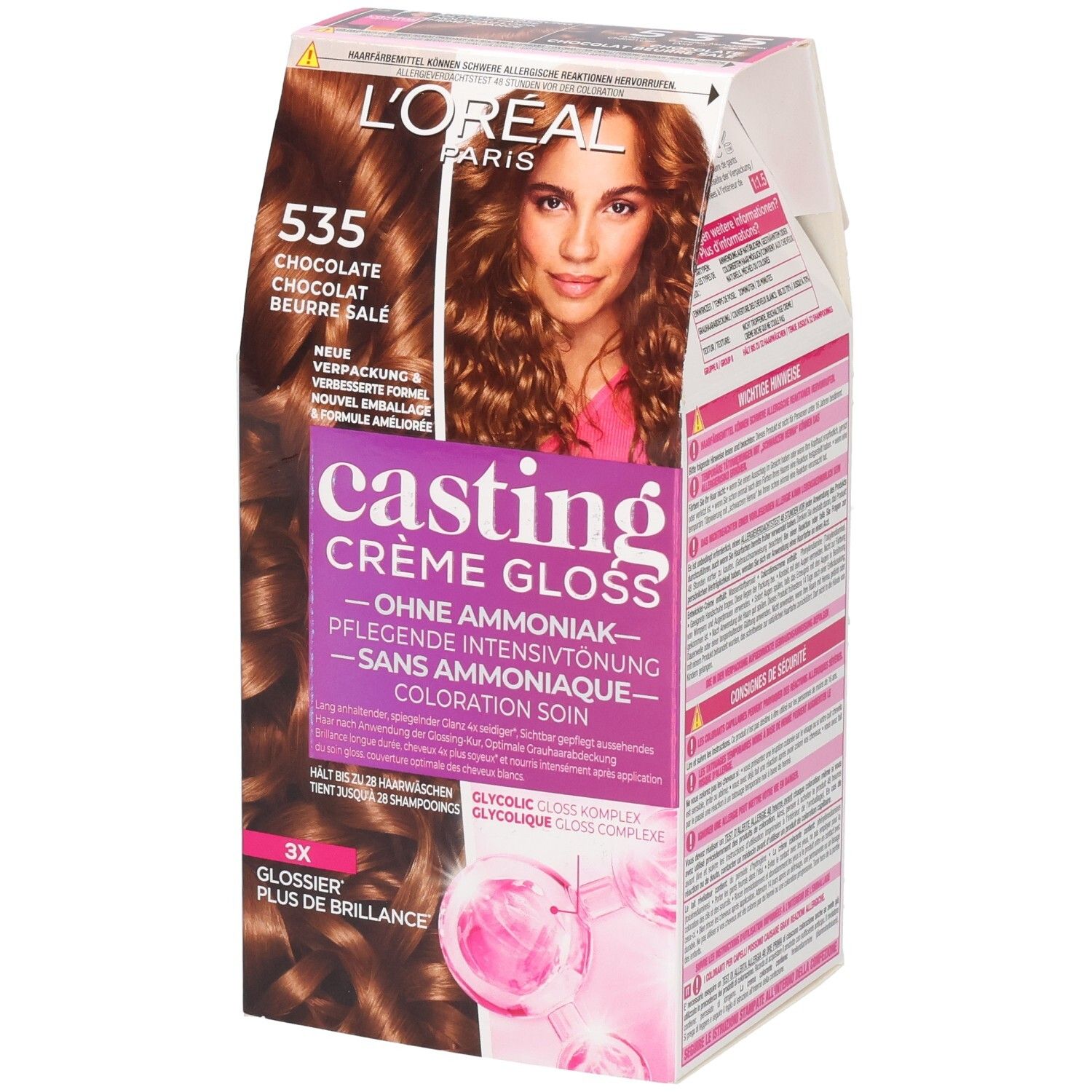 L'Oréal Casting Crème Gloss Haarfarbe 535 Schokolade. Kartonverpackung mit Modell und Farbton.