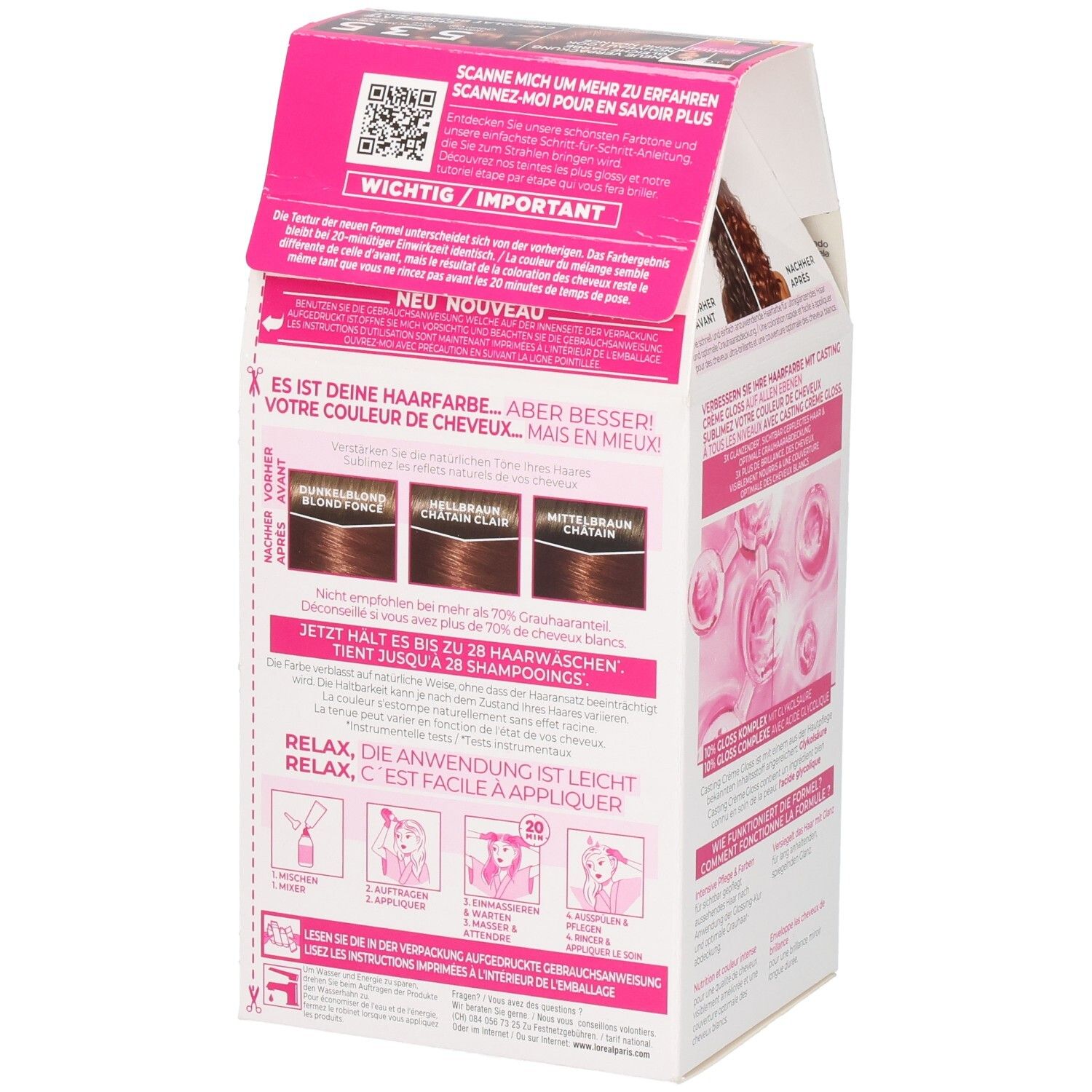 L'Oréal Casting Crème Gloss 535 Schokolade. Seitenansicht der Verpackung mit Anwendungshinweisen und Farbergebnissen.