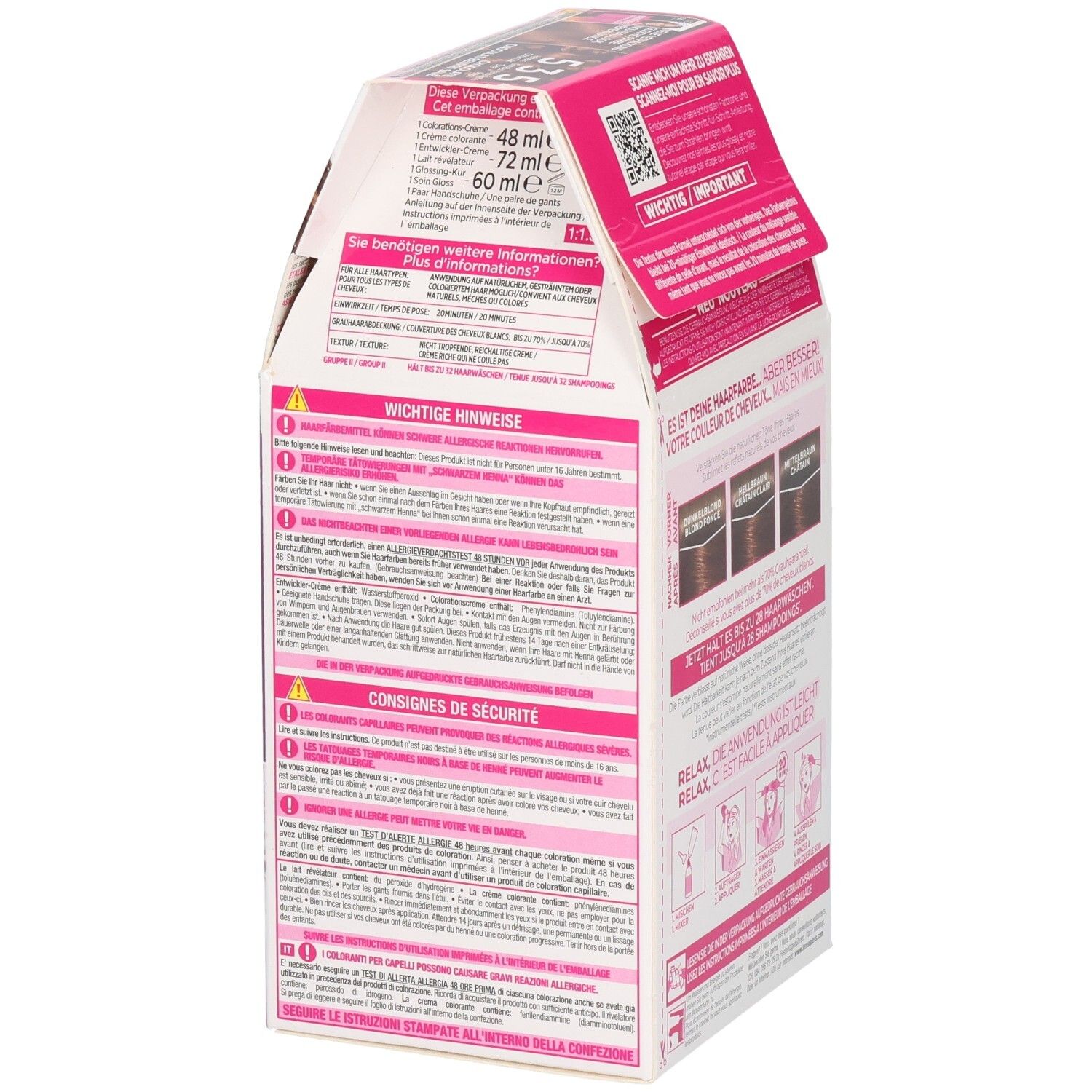 L'Oréal Casting Crème Gloss 535 Schokolade. Seitenansicht der Verpackung mit wichtigen Hinweisen und Sicherheitsinformationen.