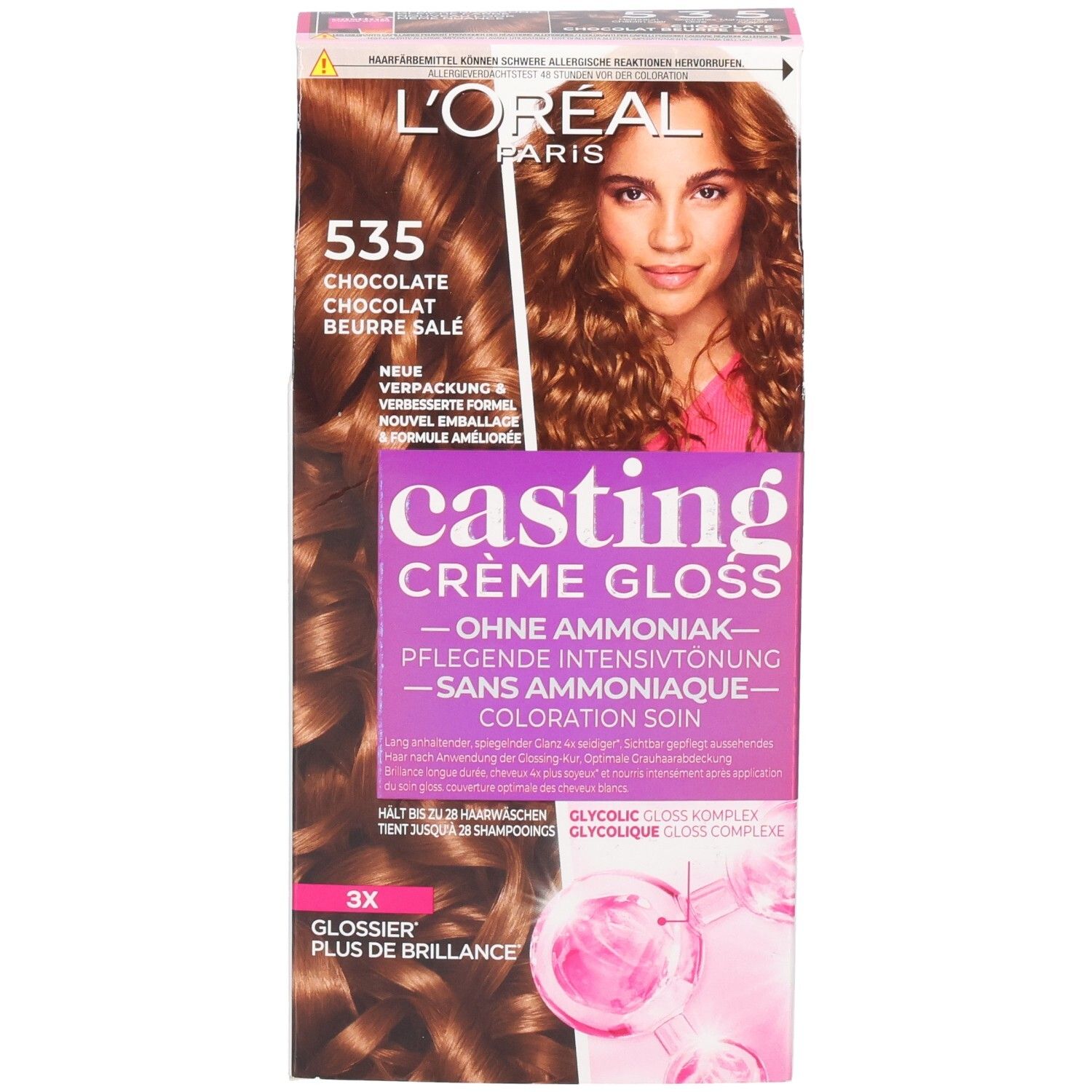 L'Oréal Casting Crème Gloss Haarfarbe 535 Schokolade. Vorderseite der Verpackung mit Modell und Farbton.
