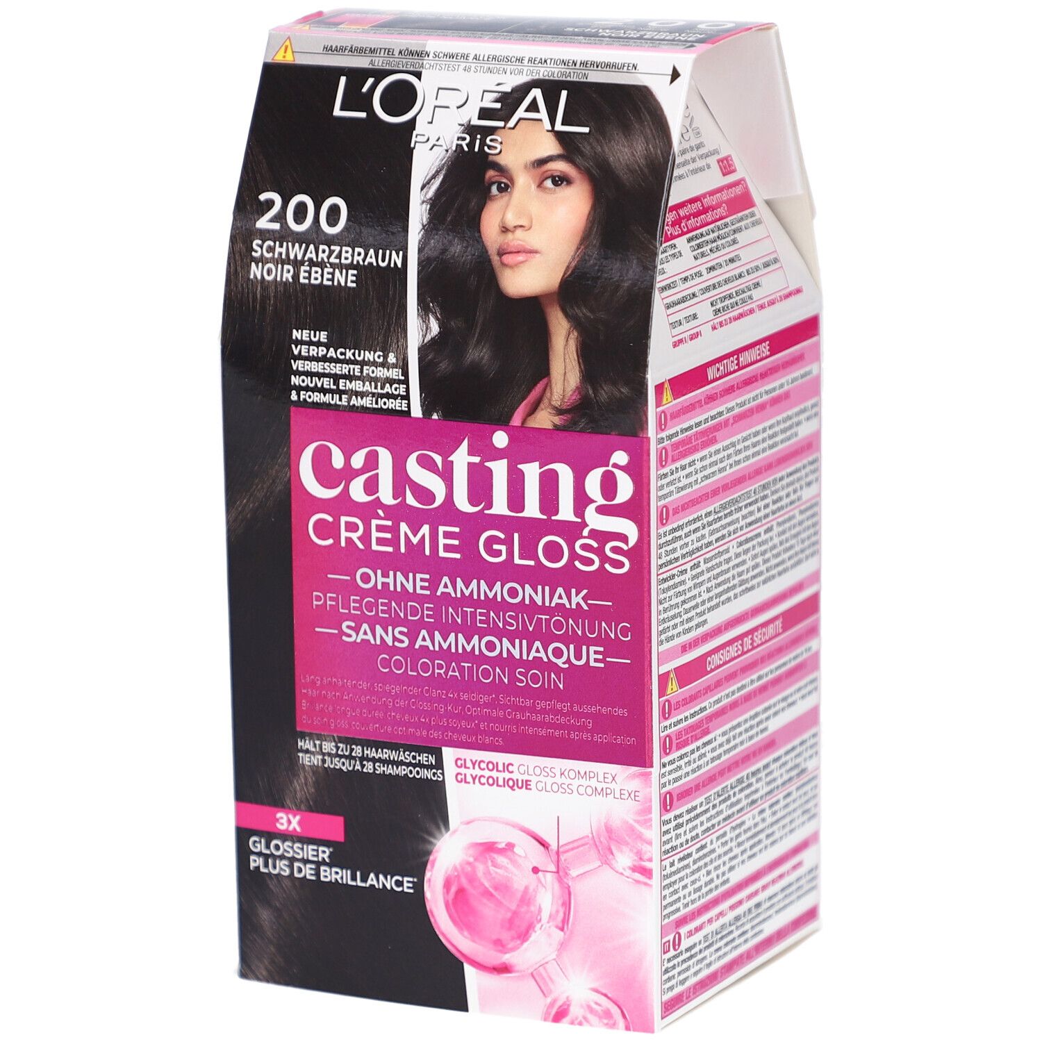 L'Oréal Paris Casting Crème Gloss 200 Noir Ébène. Boîte de coloration capillaire noire. Contient image du produit et texte.