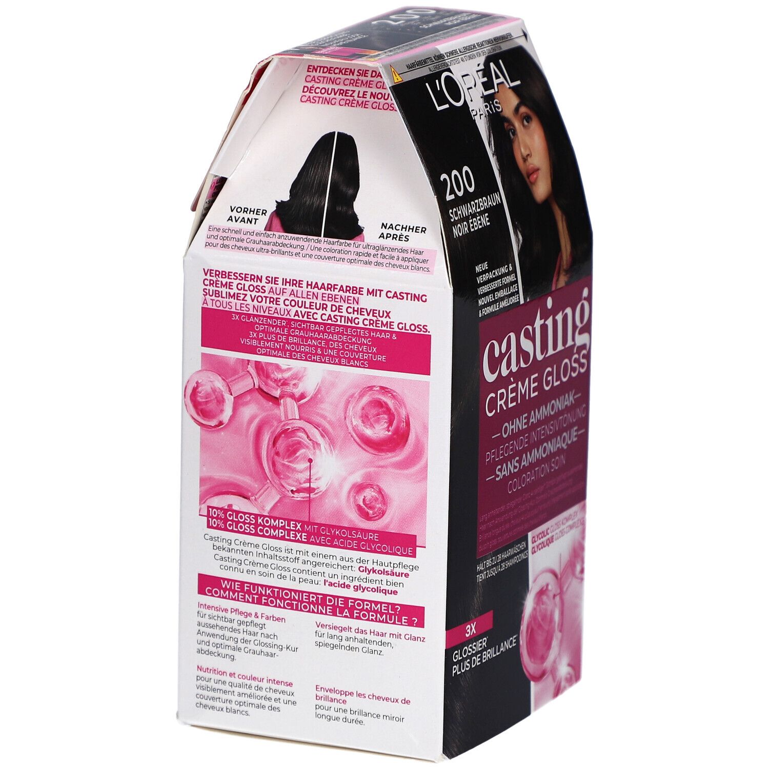 Dos de la boîte L'Oréal Paris Casting Crème Gloss. Montre image du produit, texte et schémas.