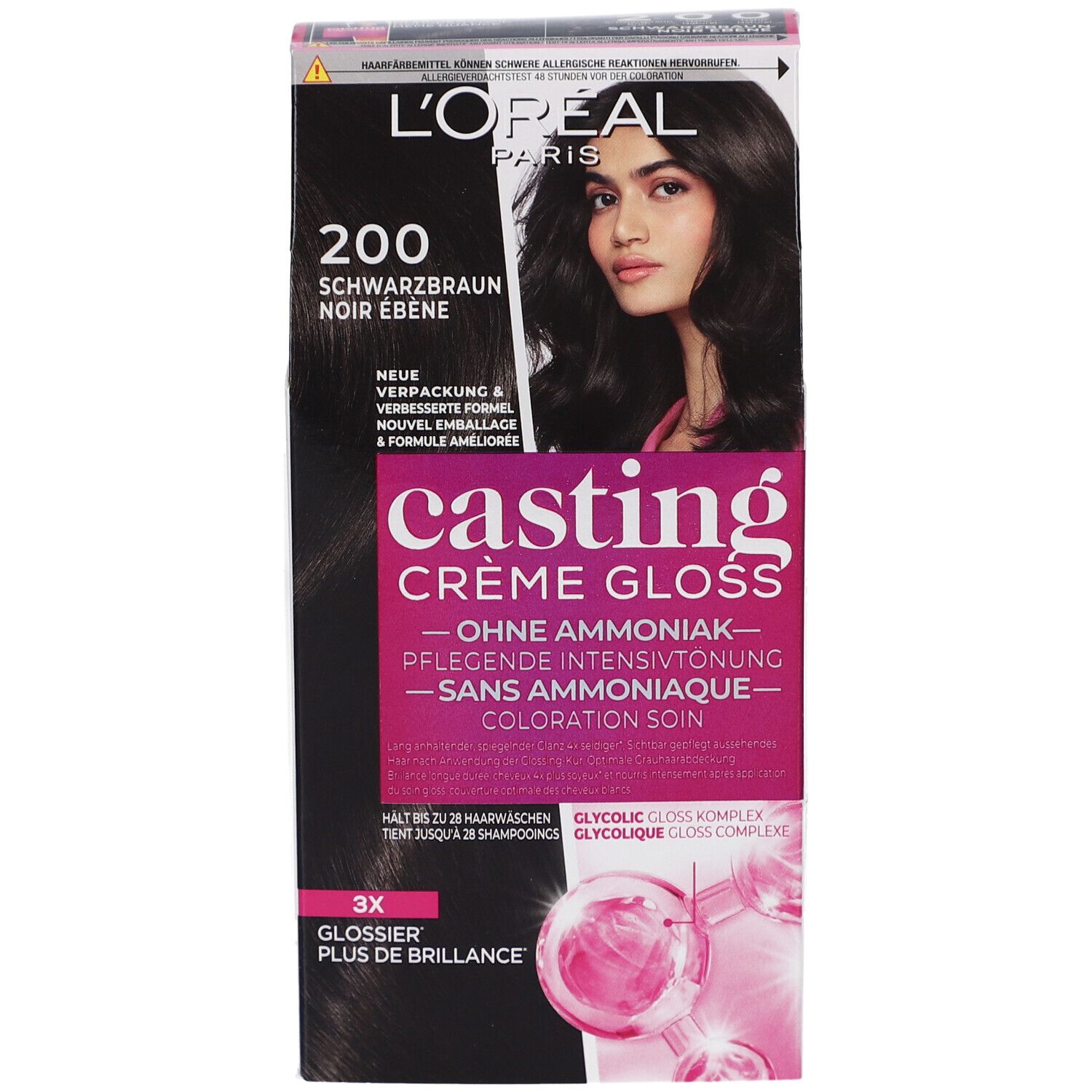 L'Oréal Paris Casting Crème Gloss 200 Noir Ébène. Boîte de coloration capillaire noire. Contient image du produit et texte.