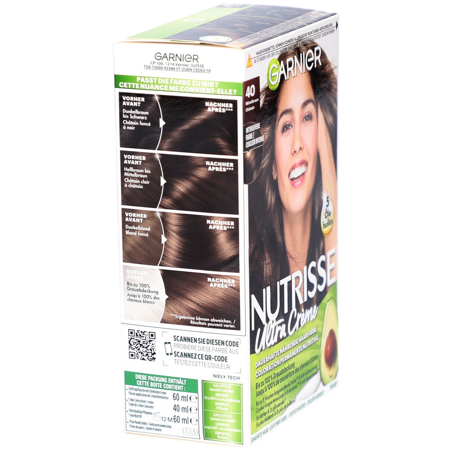 Boîte de coloration capillaire Garnier Nutrisse Ultra Creme. Couleur 40 Cacao. Exemples avant/après. Code QR.