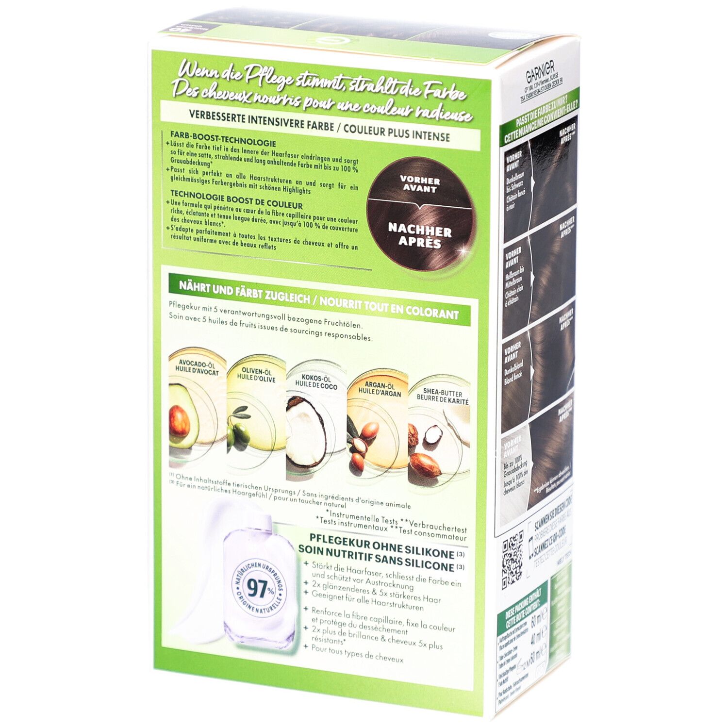 Dos de la boîte de coloration capillaire Garnier. Ingrédients et avantages. Huiles et certification.