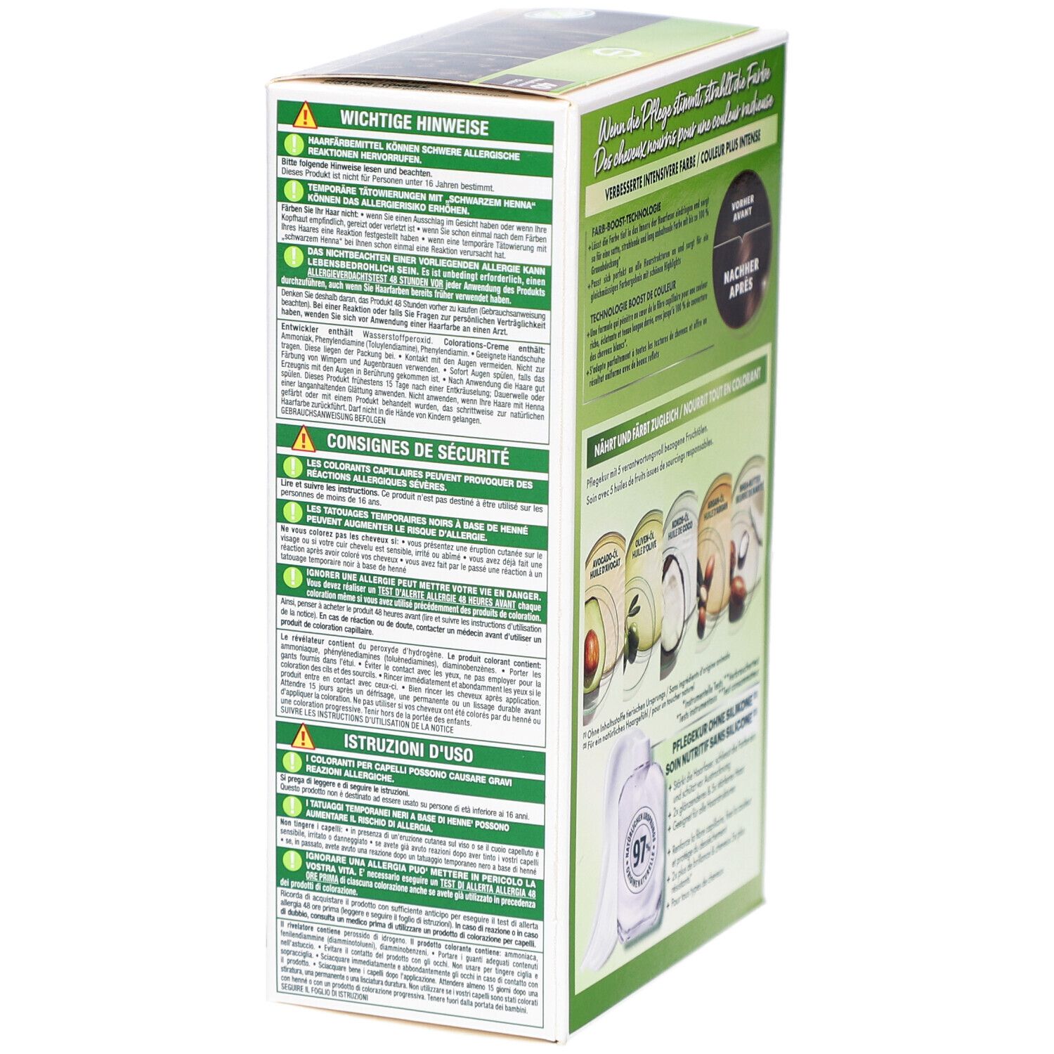 Côté de la boîte de coloration capillaire Garnier. Consignes de sécurité et d'utilisation.