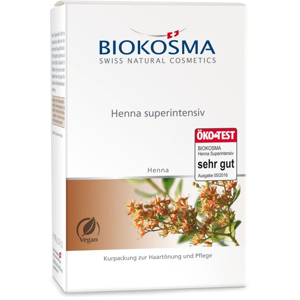 BIOKOSMA Henna superintensiv. Weiße Verpackung mit Logo, Produktname, ÖKO-TEST Siegel. Vegan-Siegel und Pflanzenabbildung.