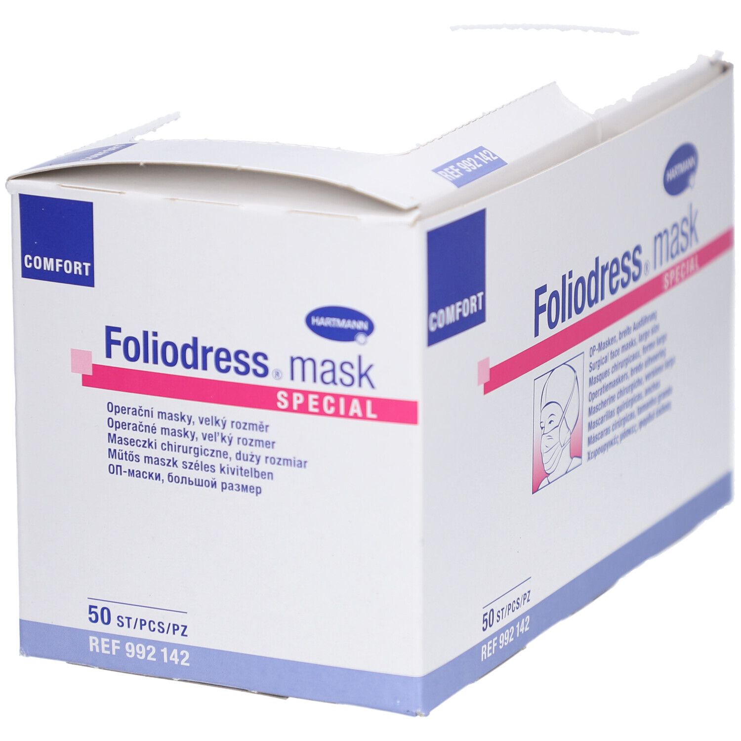 Hartmann Foliodress Mask Special Comfort Box. 50 Stück. OP-Masken, breite Ausführung. Produktname in Rosa.