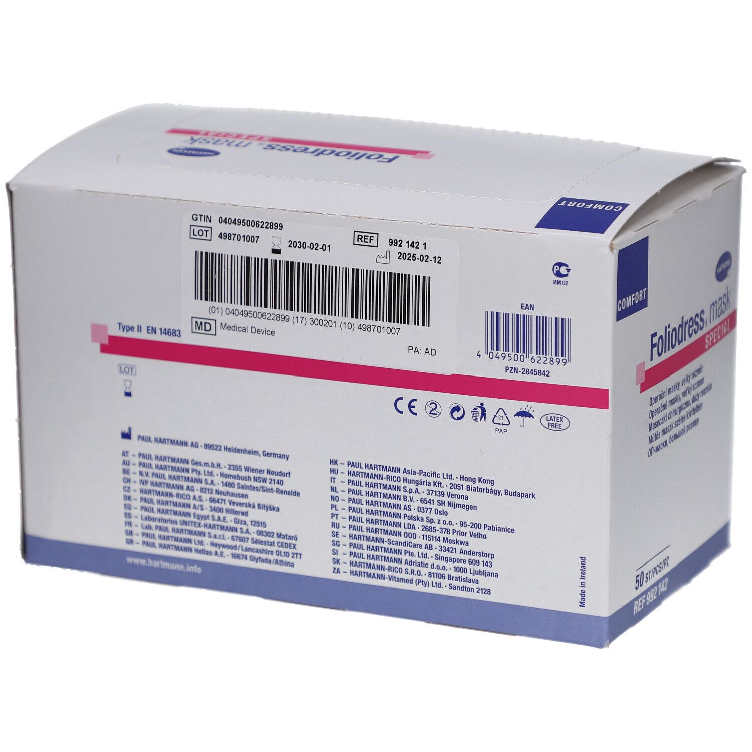 Hartmann Foliodress Mask Special Comfort Box. Rückseite mit Informationen. Medizinprodukt. CE-Kennzeichnung.