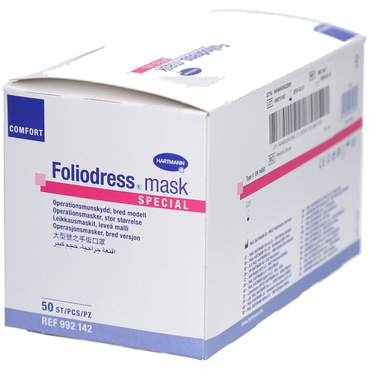 Hartmann Foliodress Mask Special Comfort Box. 50 Stück. OP-Masken, breite Ausführung. Produktname in Rosa.