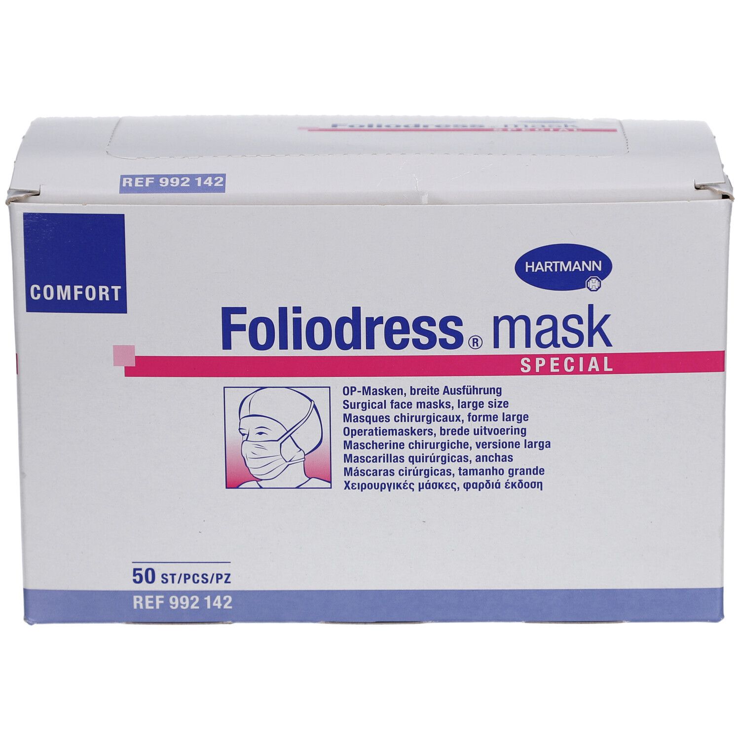 Hartmann Foliodress Mask Special Comfort Box. 50 Stück. OP-Masken, breite Ausführung. Rosa Linie mit Produktnamen.