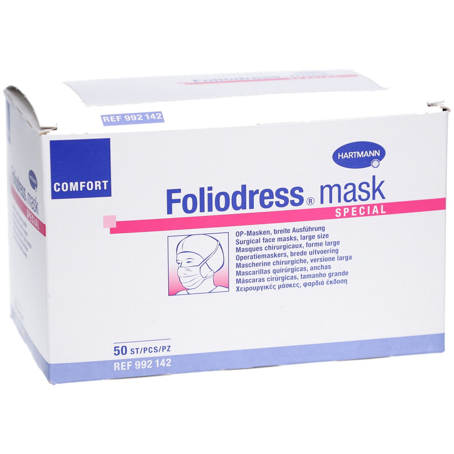 Hartmann Foliodress Mask Special Comfort Box. 50 Stück. OP-Masken, breite Ausführung. Rosa Linie mit Produktnamen.