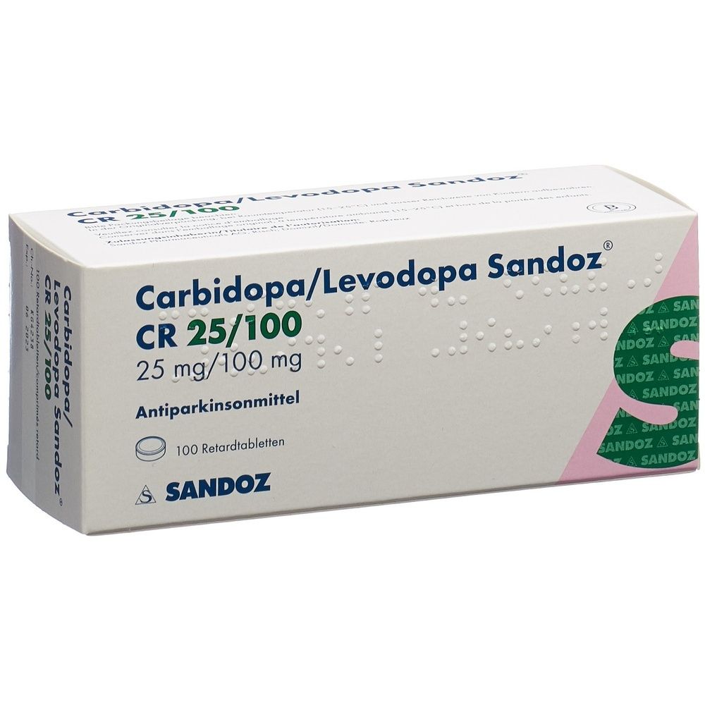 Kartonverpackung mit Produktbezeichnung und grüner Markierung. Text: Carbido/Levodo Sandoz CR Ret Tabl 25/100mg.