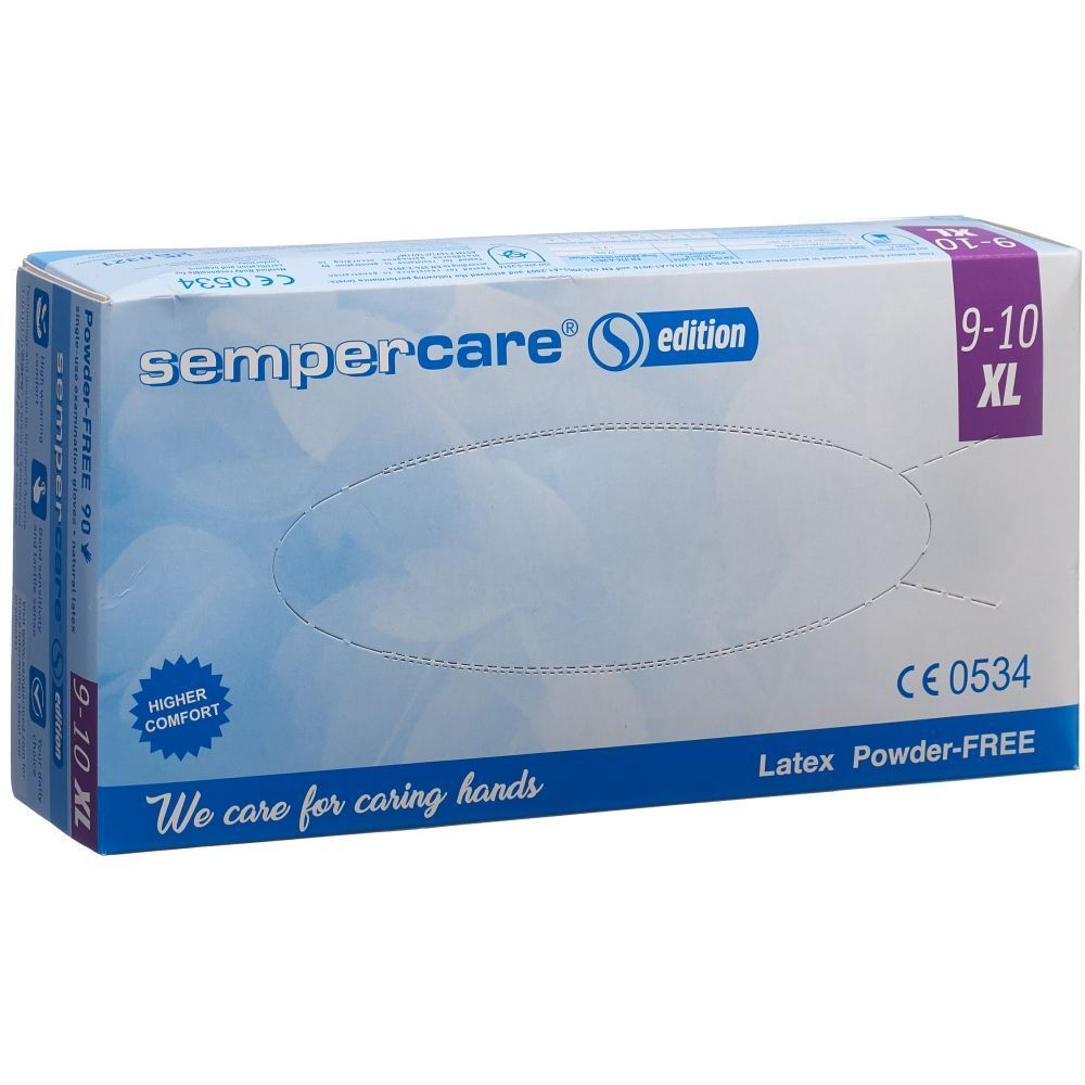Packung SEMPERCARE Edition Handschuhe, XL, Latex, puderfrei. Größe 9-10. CE-Kennzeichnung.