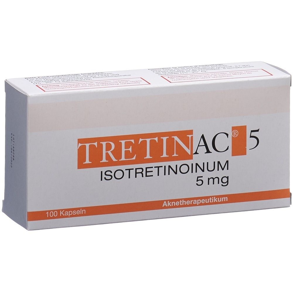 Kartonverpackung mit Produktnamen und Aufschrift. Orangefarbene und weiße Farbgebung. Produktname: TRETINAC 5 mg.