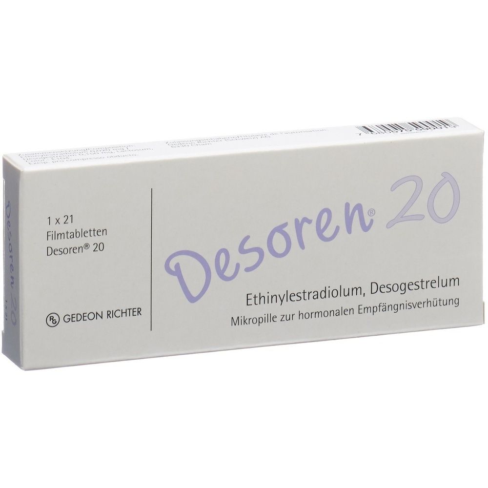 Kartonverpackung mit Produktnamen DESOREN 20. Aufschrift mit Produktinformationen. Weißer Hintergrund.