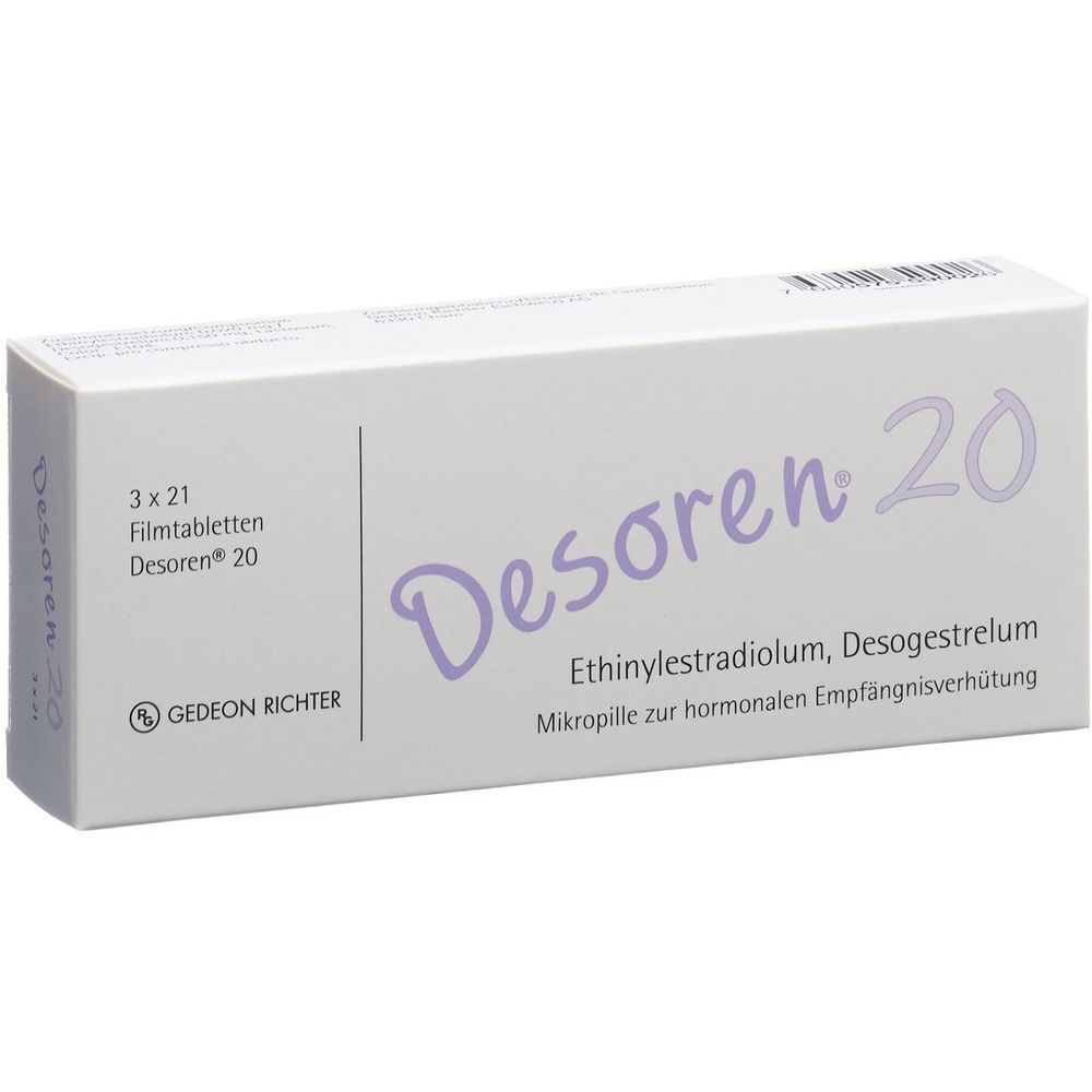 Karton mit der Aufschrift "Desoren 20". Weißer Karton mit blauer Schrift. Produktverpackung.