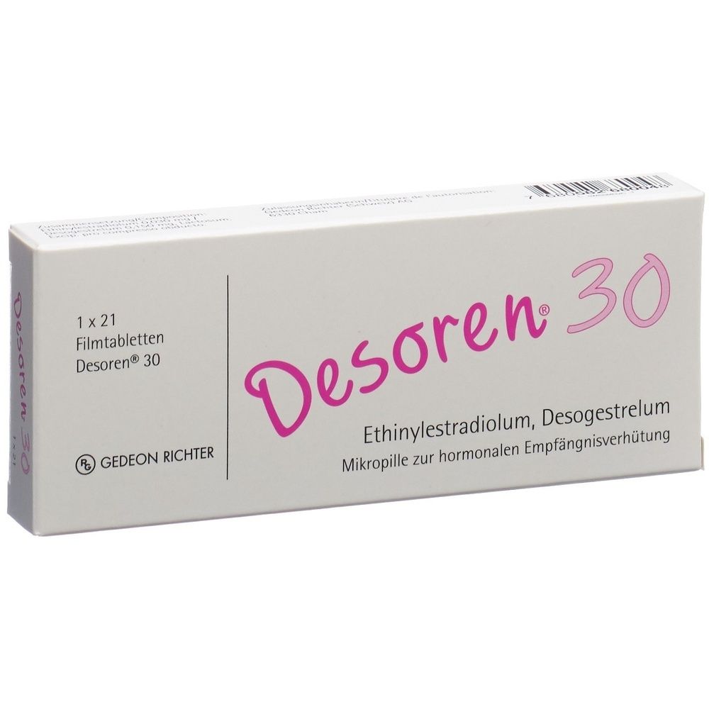 Kartonverpackung mit der Aufschrift "Desoren 30". Die Verpackung ist weiß mit rosa und grauen Akzenten.