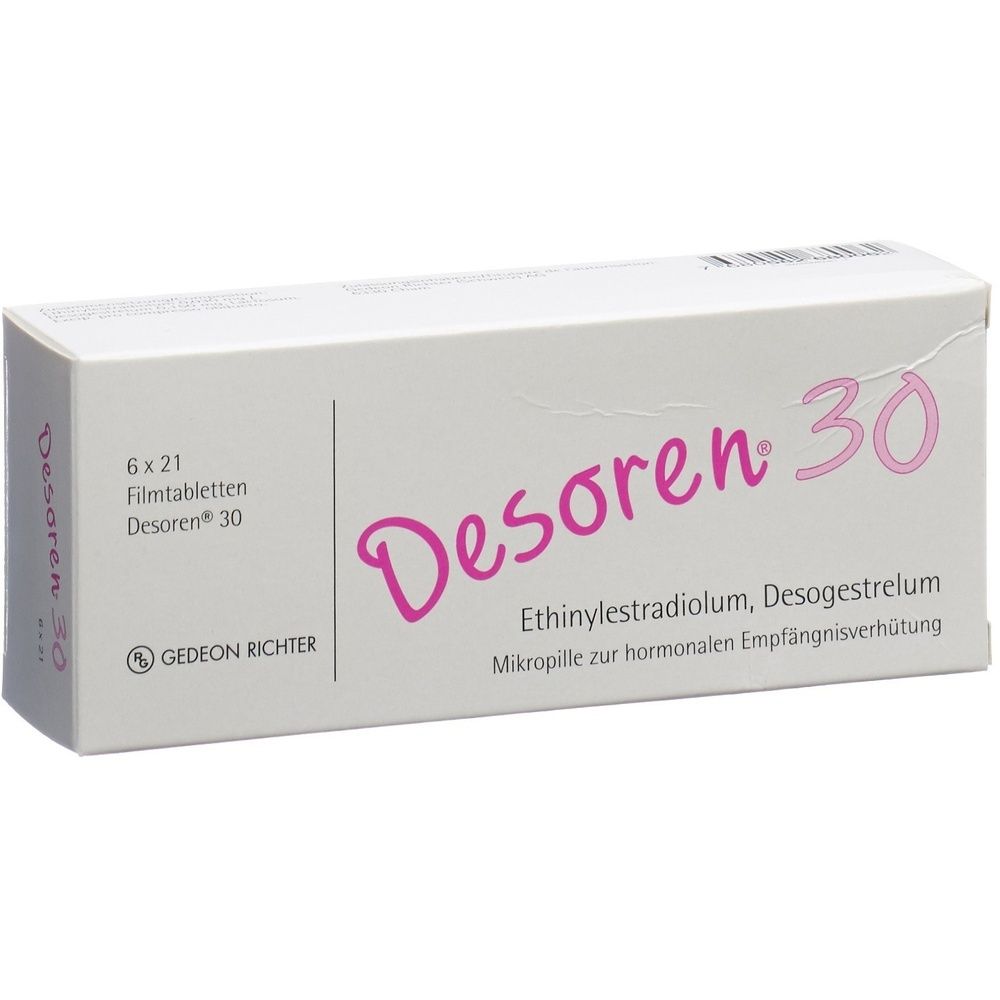 Boîte rectangulaire blanche avec texte rose. Inscription "Desoren 30".