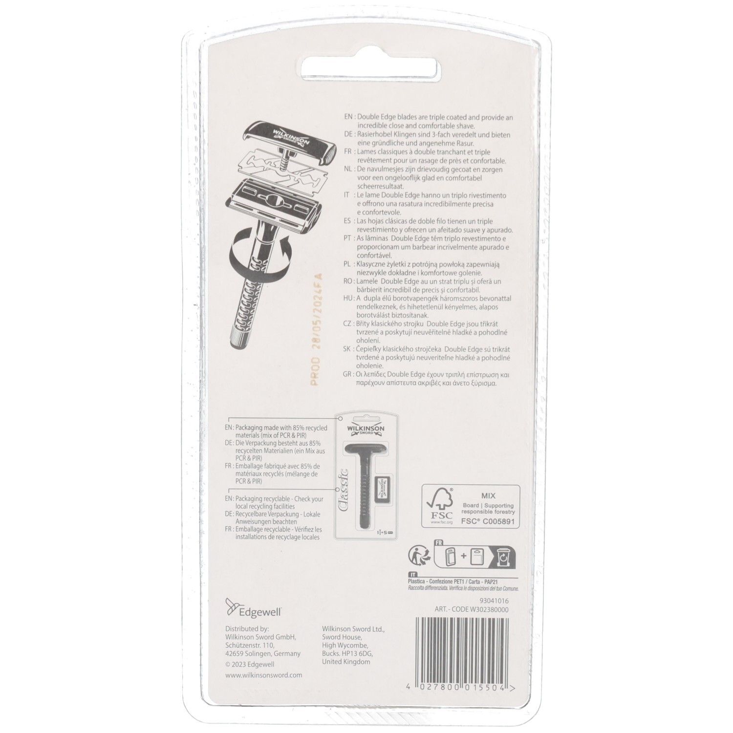 Dos de l'emballage du rasoir Wilkinson Sword Classic avec instructions et informations produit.